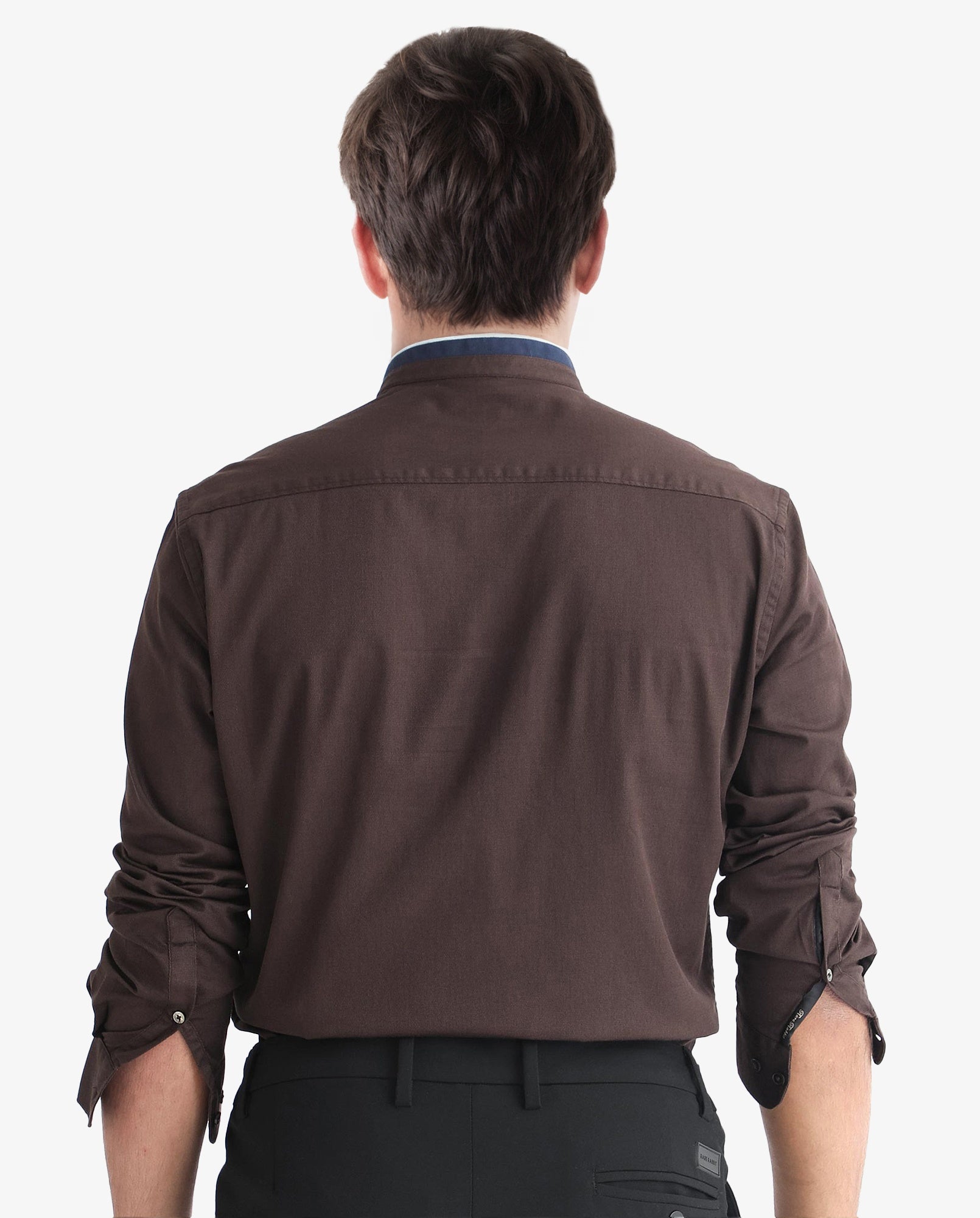 Rare Rabbit Men's Tehran Dark Brown Mandarin Collar Full Sleeves Solid Shirt