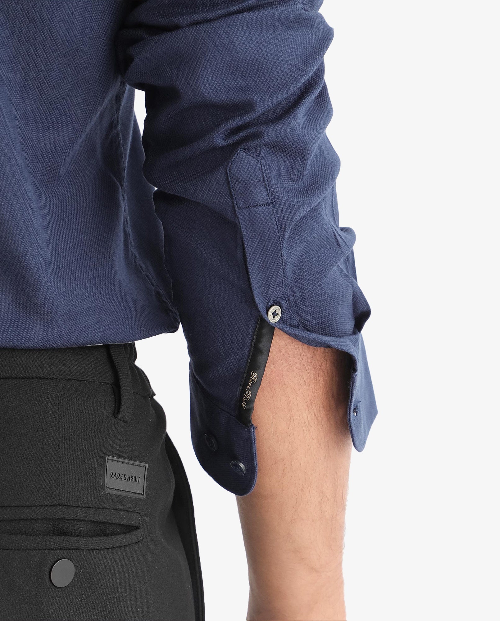 Rare Rabbit Men's Tehran Navy Mandarin Collar Full Sleeves Solid Shirt