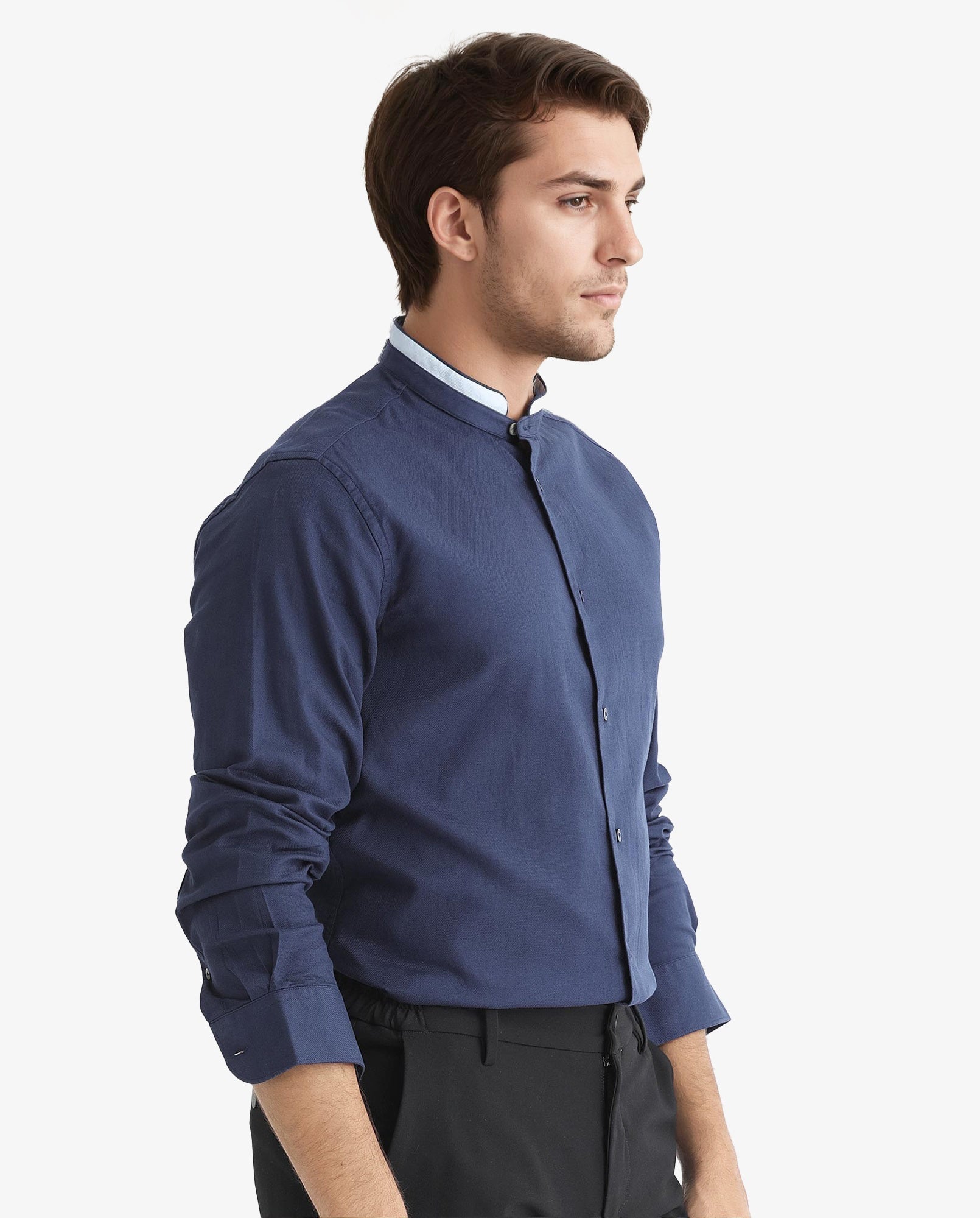 Rare Rabbit Men's Tehran Navy Mandarin Collar Full Sleeves Solid Shirt