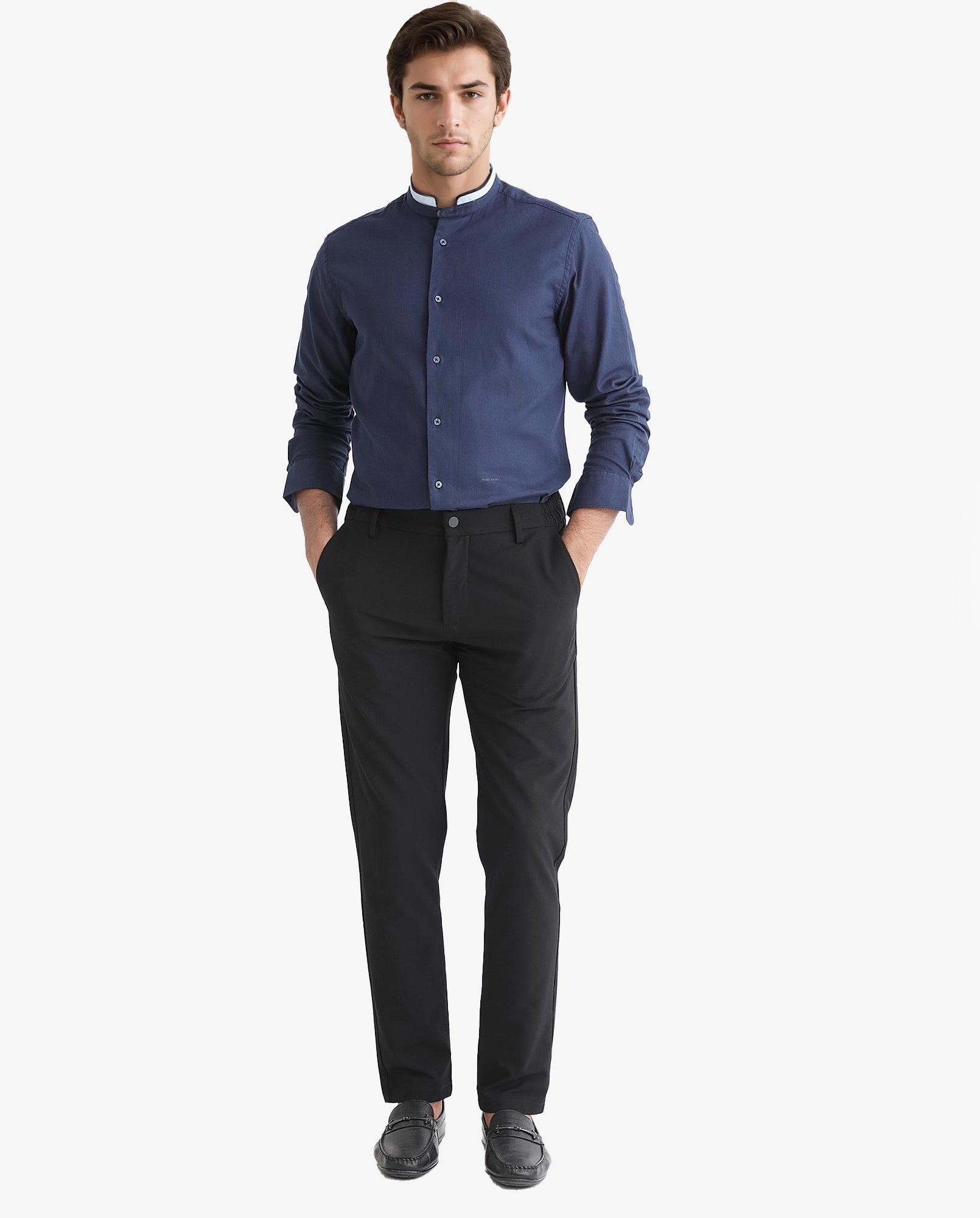 Rare Rabbit Men's Tehran Navy Mandarin Collar Full Sleeves Solid Shirt