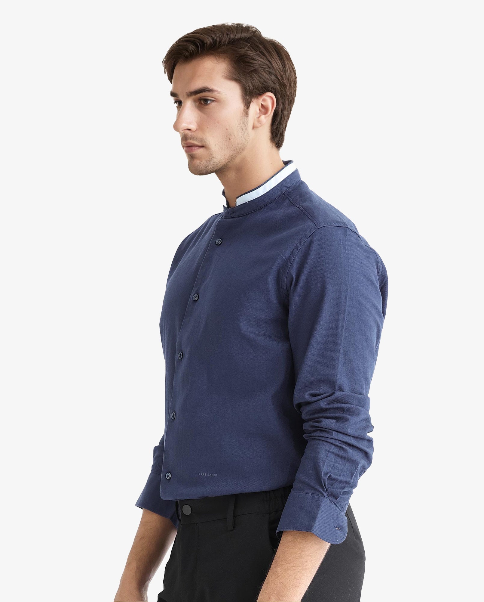 Rare Rabbit Men's Tehran Navy Mandarin Collar Full Sleeves Solid Shirt