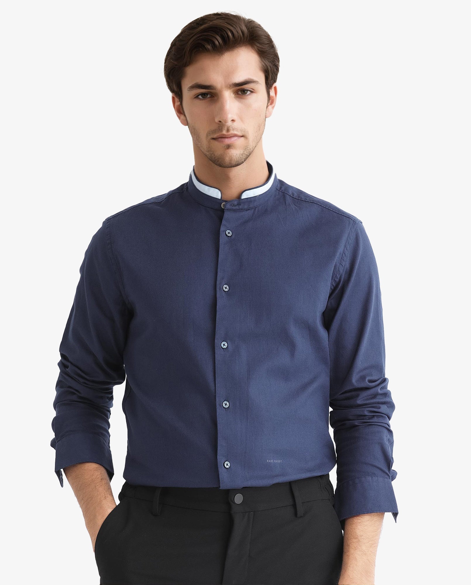 Rare Rabbit Men's Tehran Navy Mandarin Collar Full Sleeves Solid Shirt