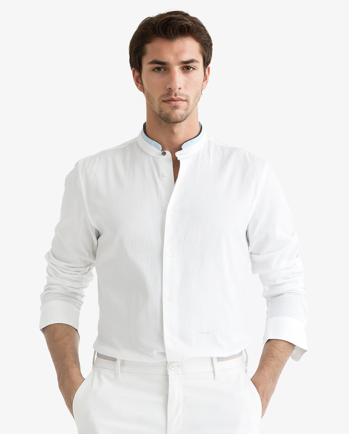 Rare Rabbit Men's Tehran White Mandarin Collar Full Sleeves Solid Shirt