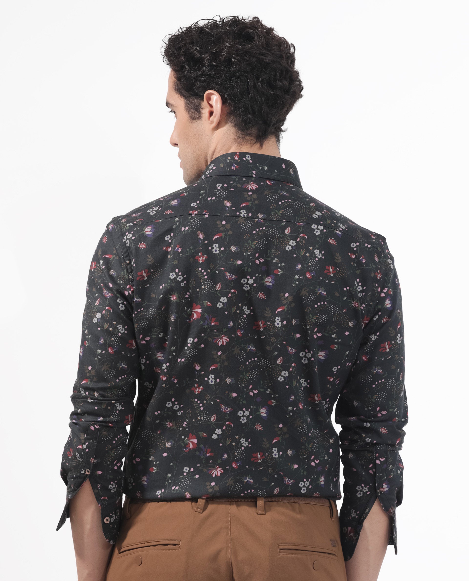 Rare Rabbit Men's Teleuxx Black Cotton Fabric Floral Print Full Sleeves Shirt