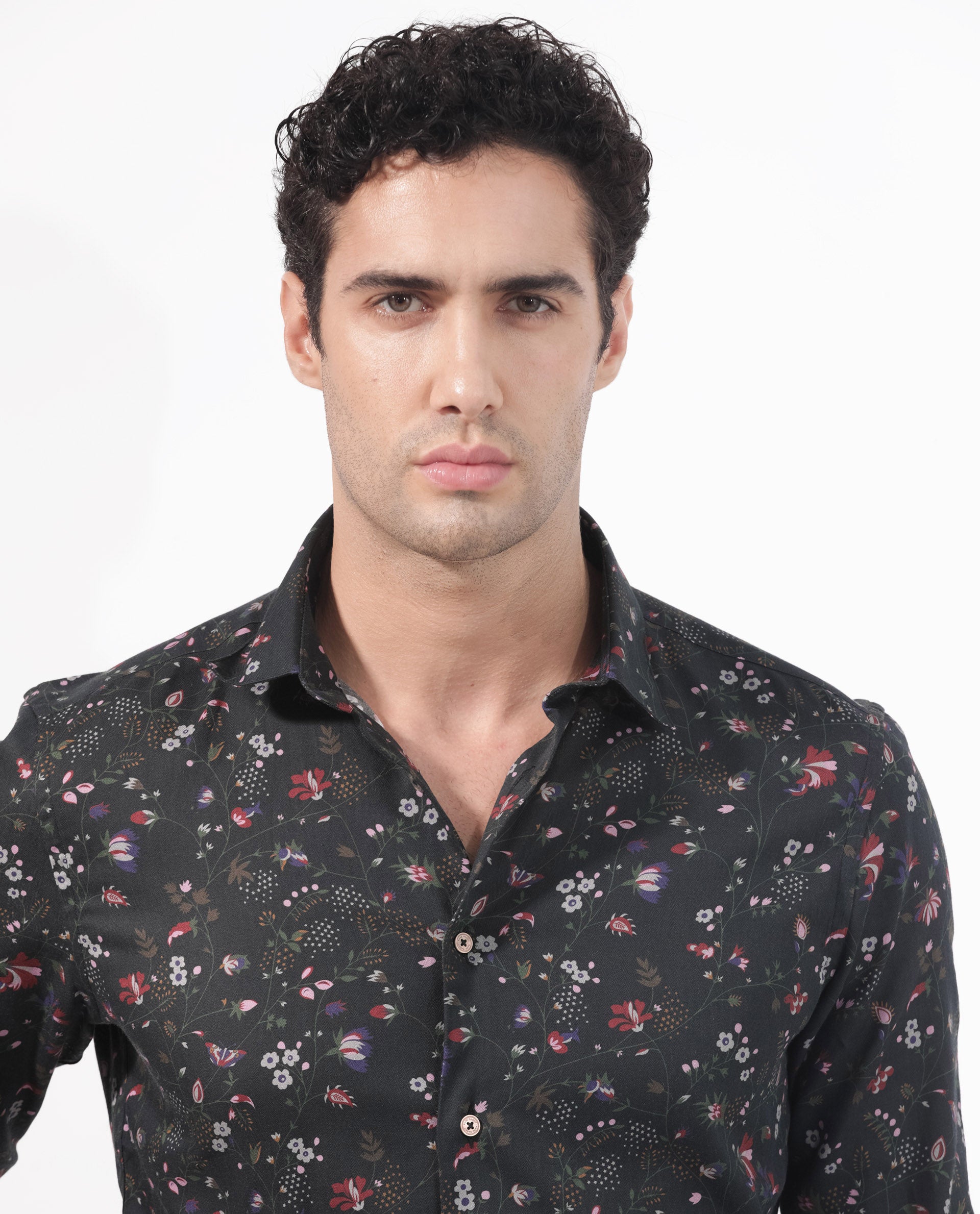 Rare Rabbit Men's Teleuxx Black Cotton Fabric Floral Print Full Sleeves Shirt