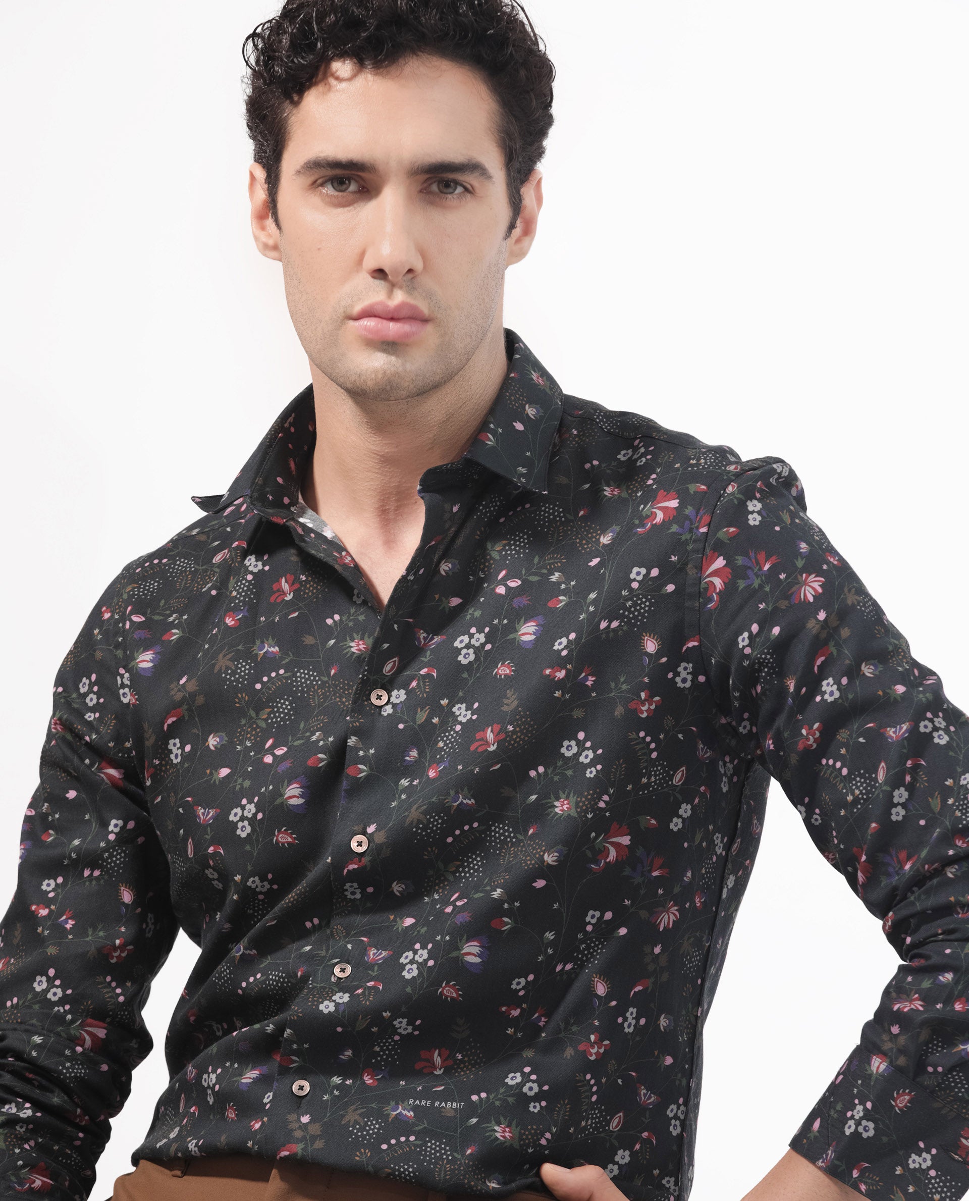 Rare Rabbit Men's Teleuxx Black Cotton Fabric Floral Print Full Sleeves Shirt