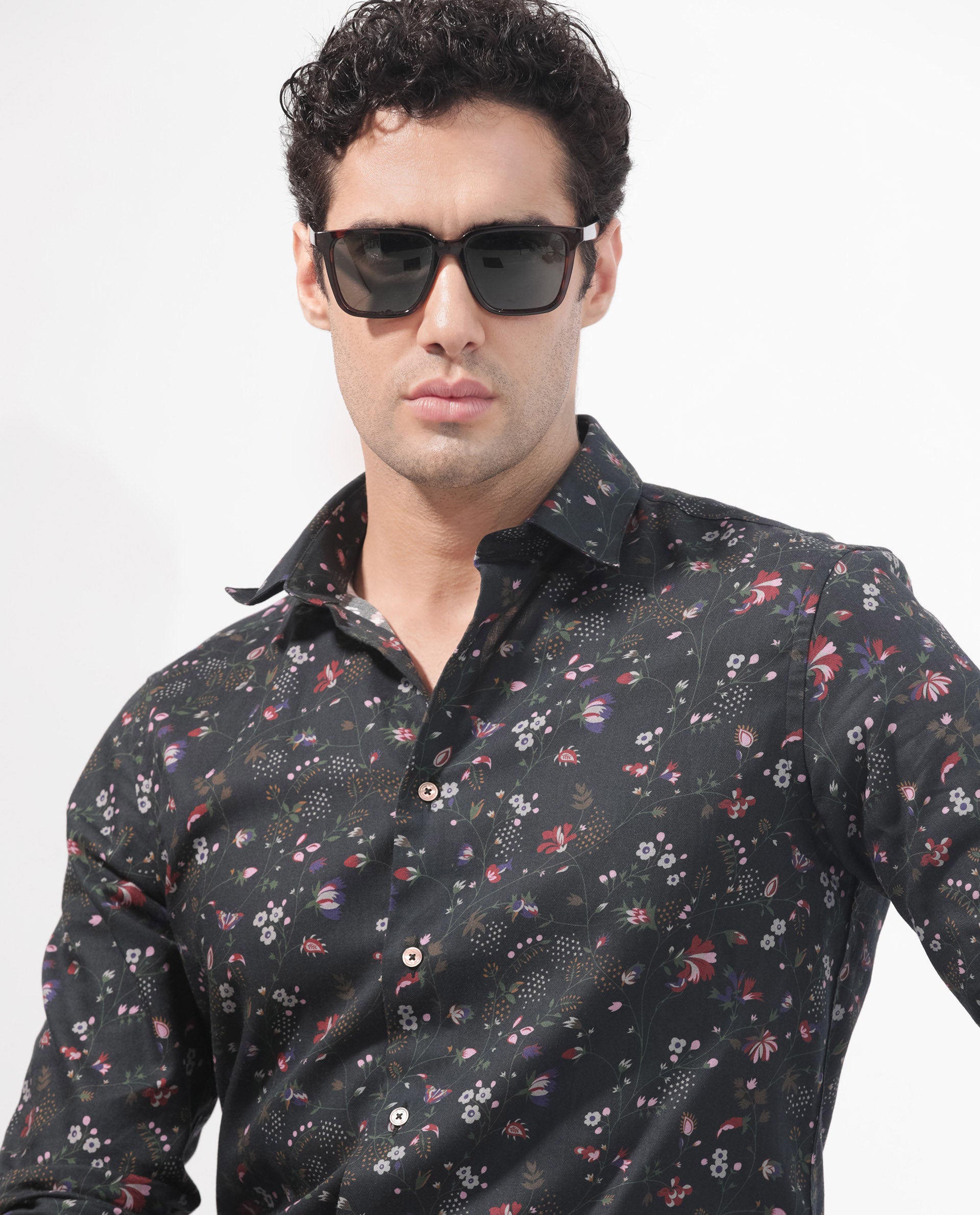 Rare Rabbit Men's Teleuxx Black Cotton Fabric Floral Print Full Sleeves Shirt