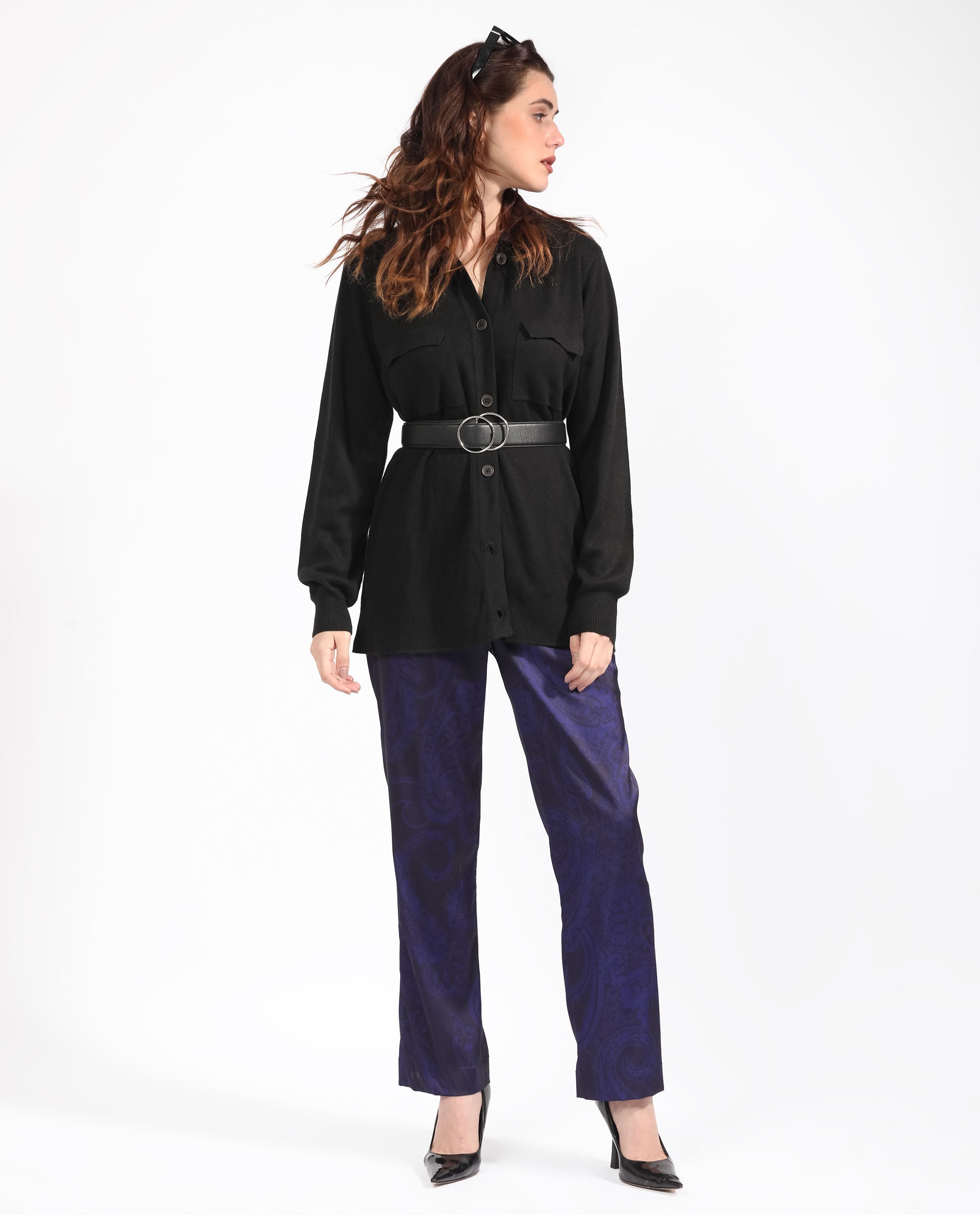 Rareism Women Telkon Black Viscose Fabric Full Sleeves Regular Fit Solid Shirt Collar Sweater