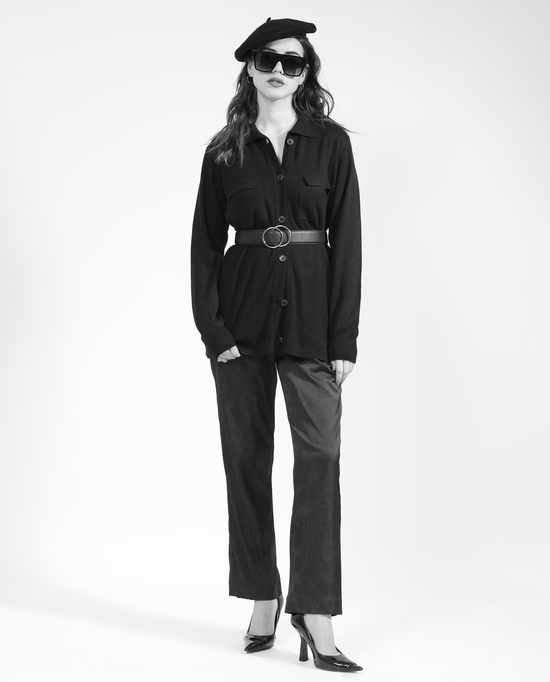 Rareism Women Telkon Black Viscose Fabric Full Sleeves Regular Fit Solid Shirt Collar Sweater