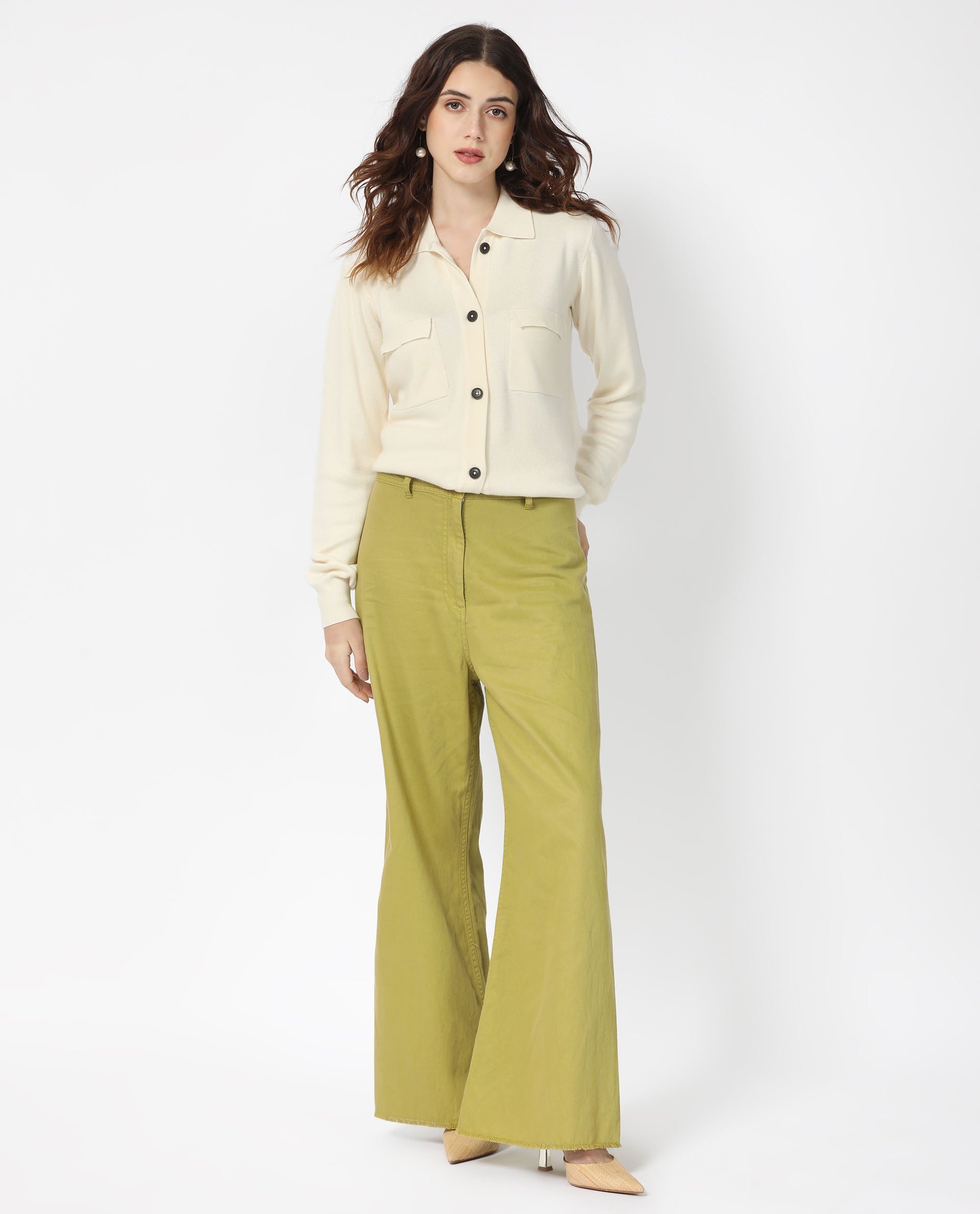 Rareism Women Telkon Off White Viscose Fabric Full Sleeves Button Closure Shirt Collar Regular Fit Plain Sweater