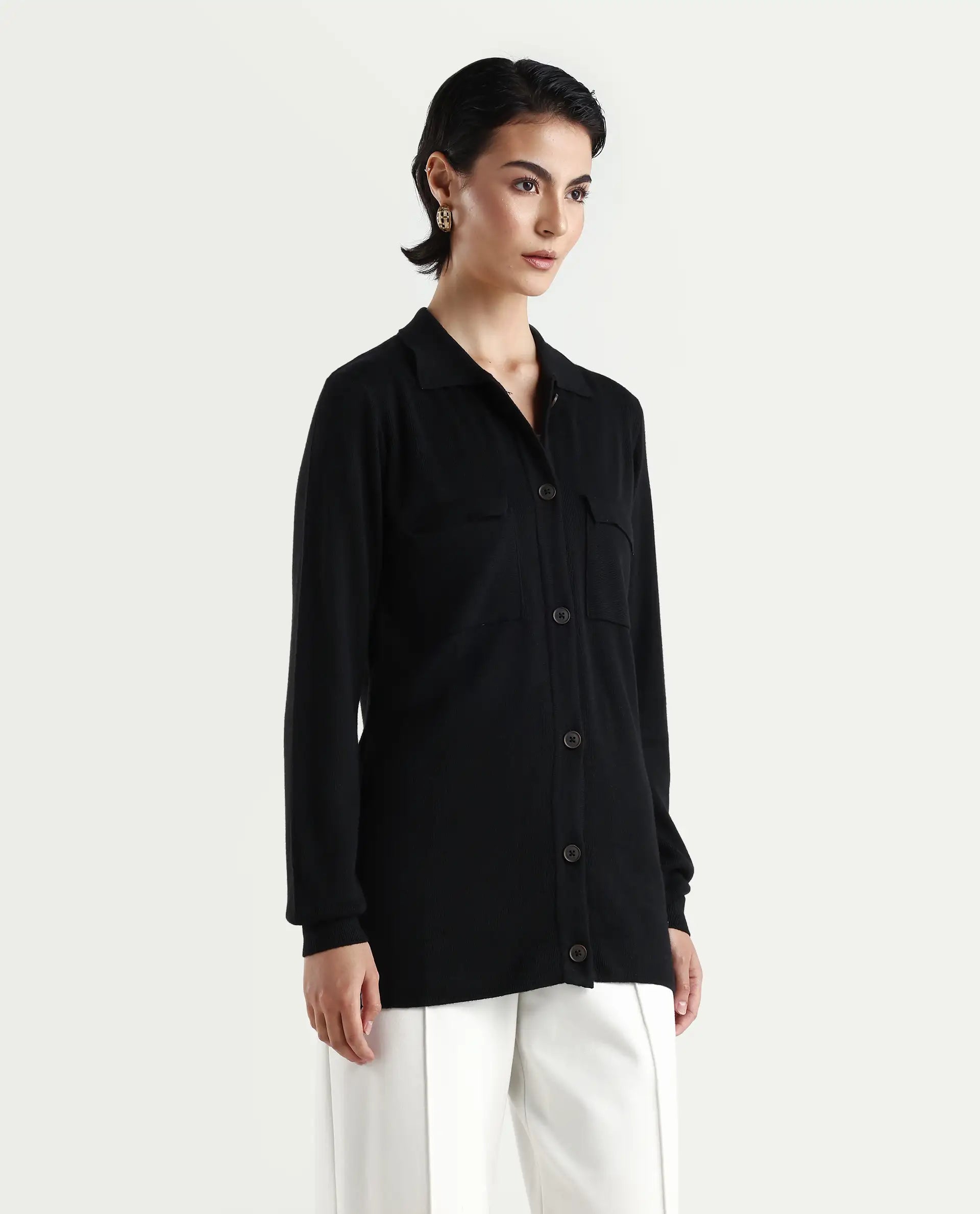 Rareism Women's Telkon Black Viscose Spread Collar Plain Regular Fit Sweater