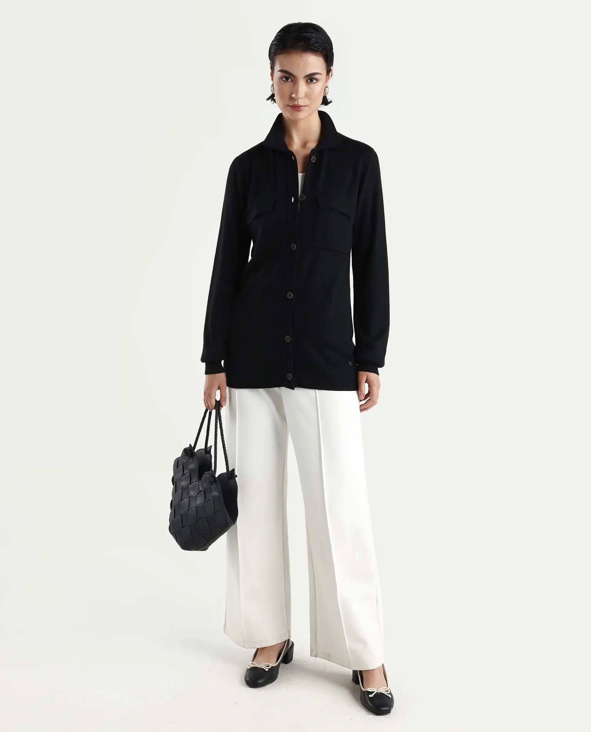 Rareism Women's Telkon Black Viscose Spread Collar Plain Regular Fit Sweater