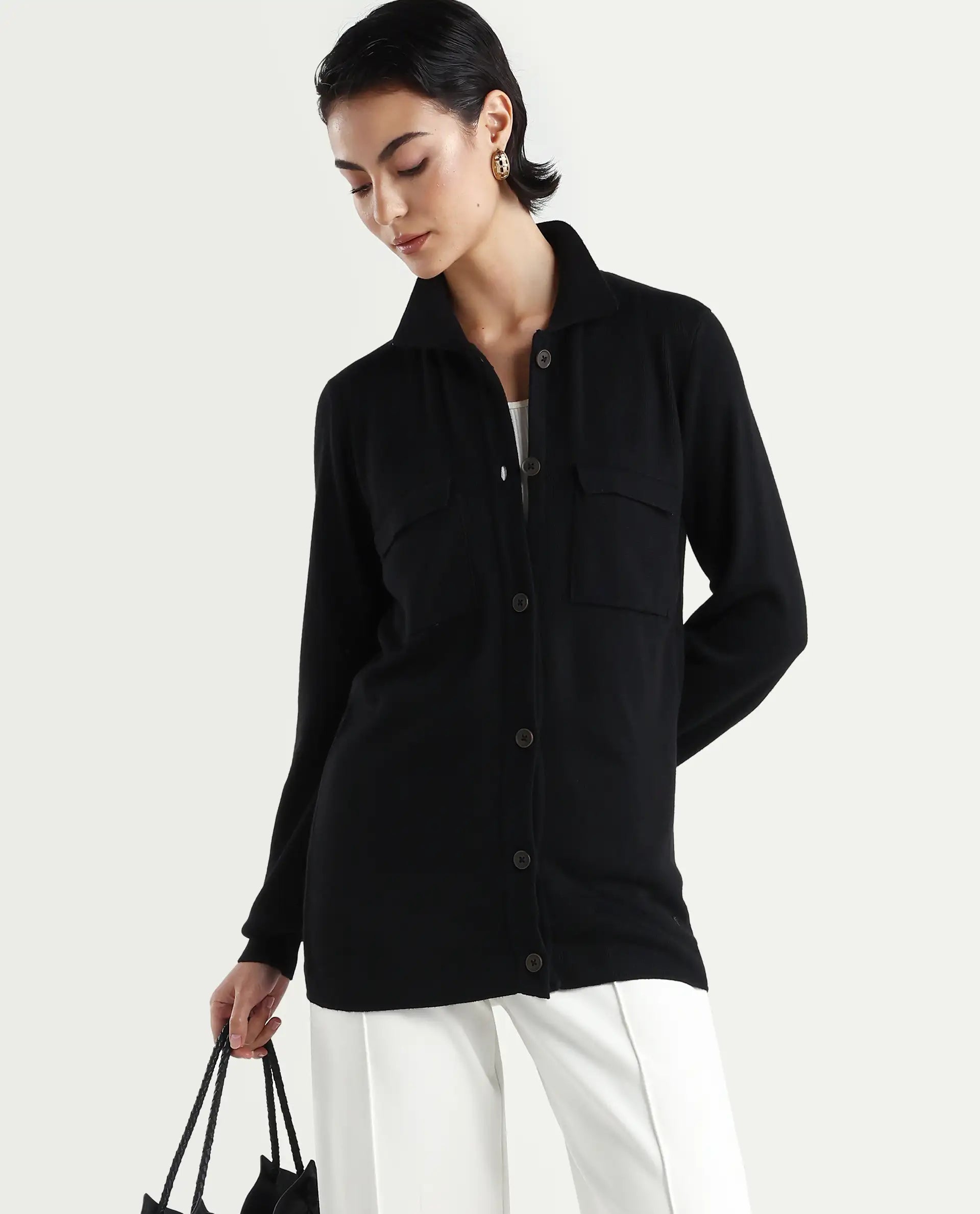 Rareism Women's Telkon Black Viscose Spread Collar Plain Regular Fit Sweater