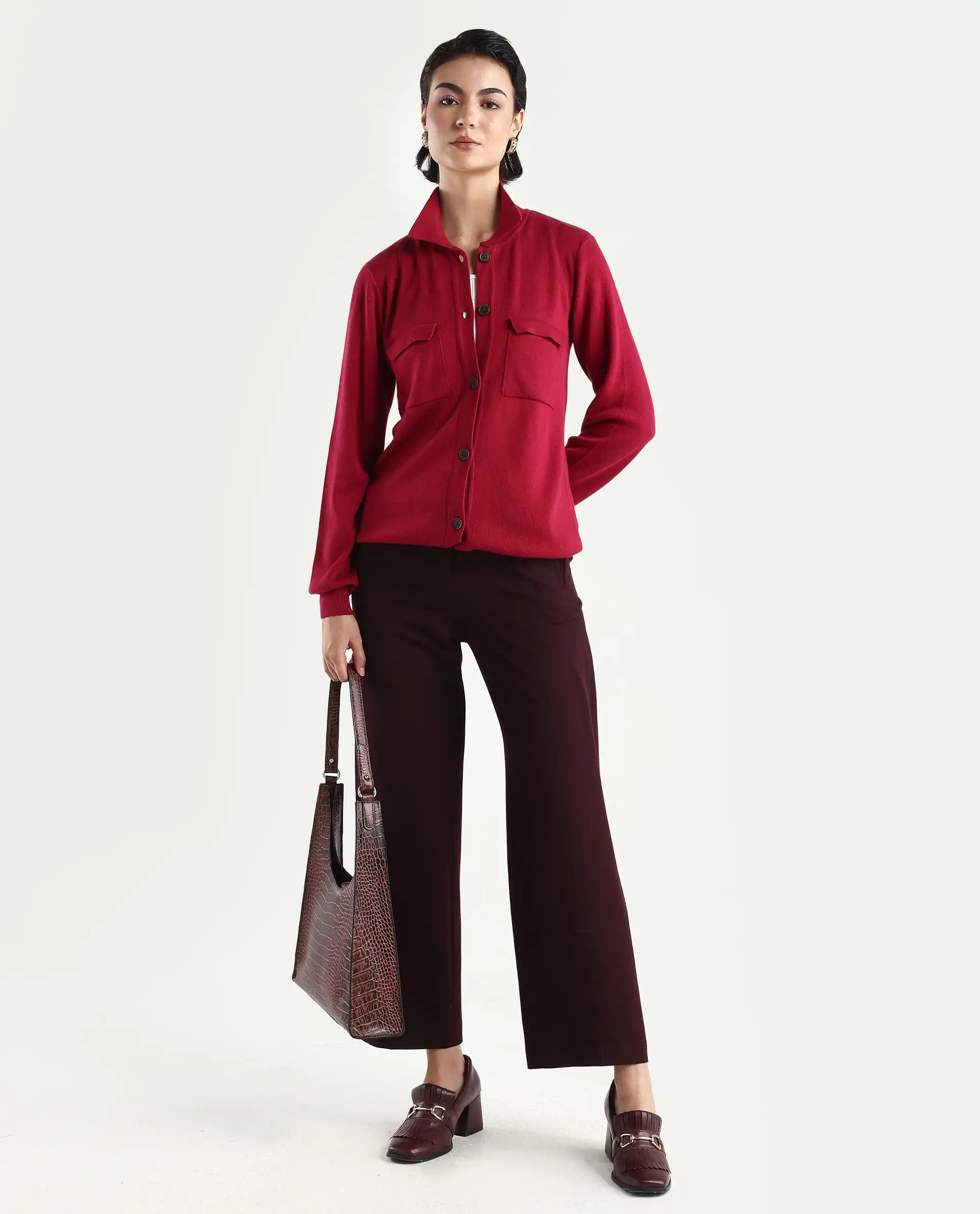 Rareism Women's Telkon Light Maroon Viscose Spread Collar Plain Regular Fit Sweater