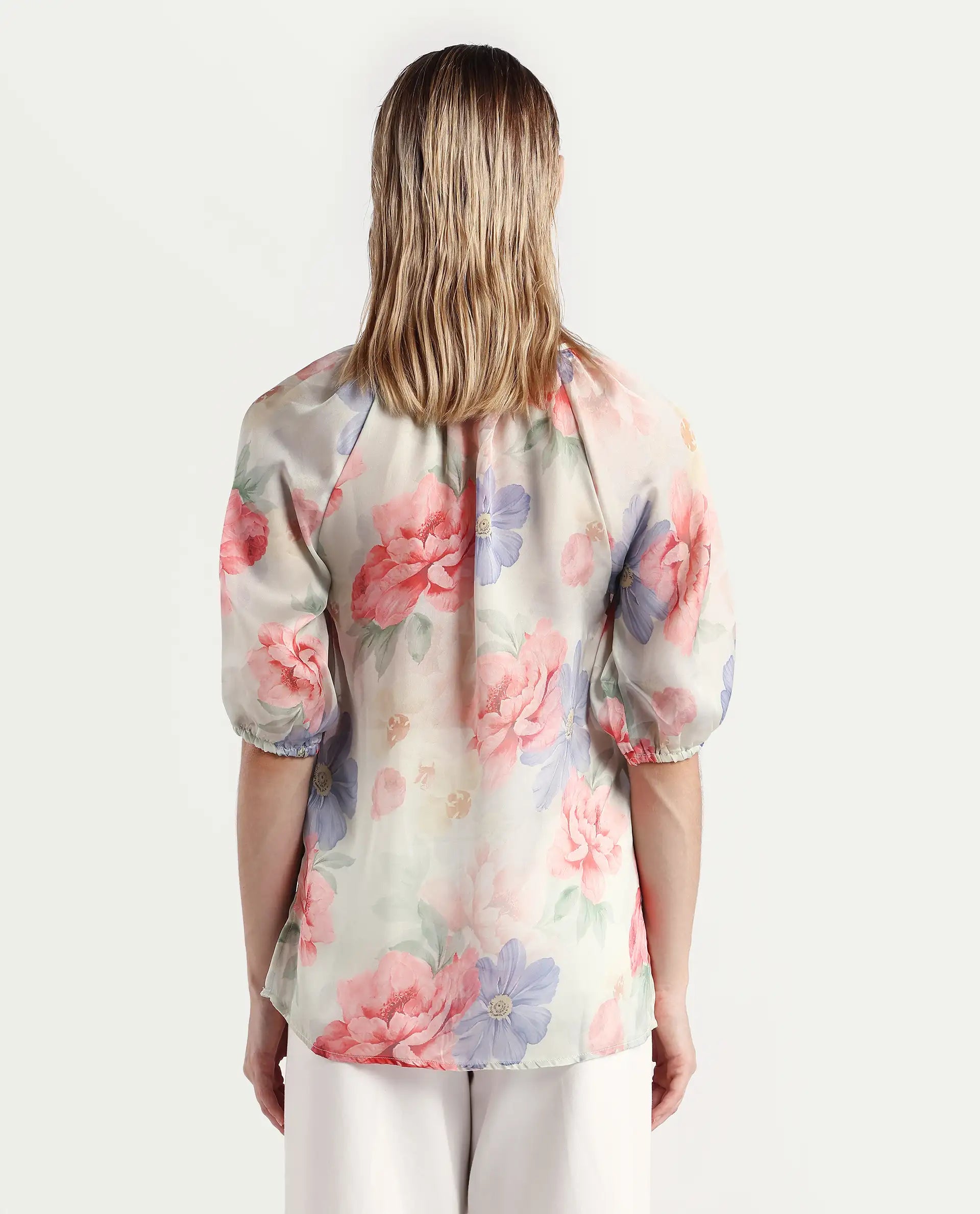 Rareism Women's Tella Light Green Cotton Tie-Up Neck Floral Print Raglan Sleeve Relaxed Fit Top