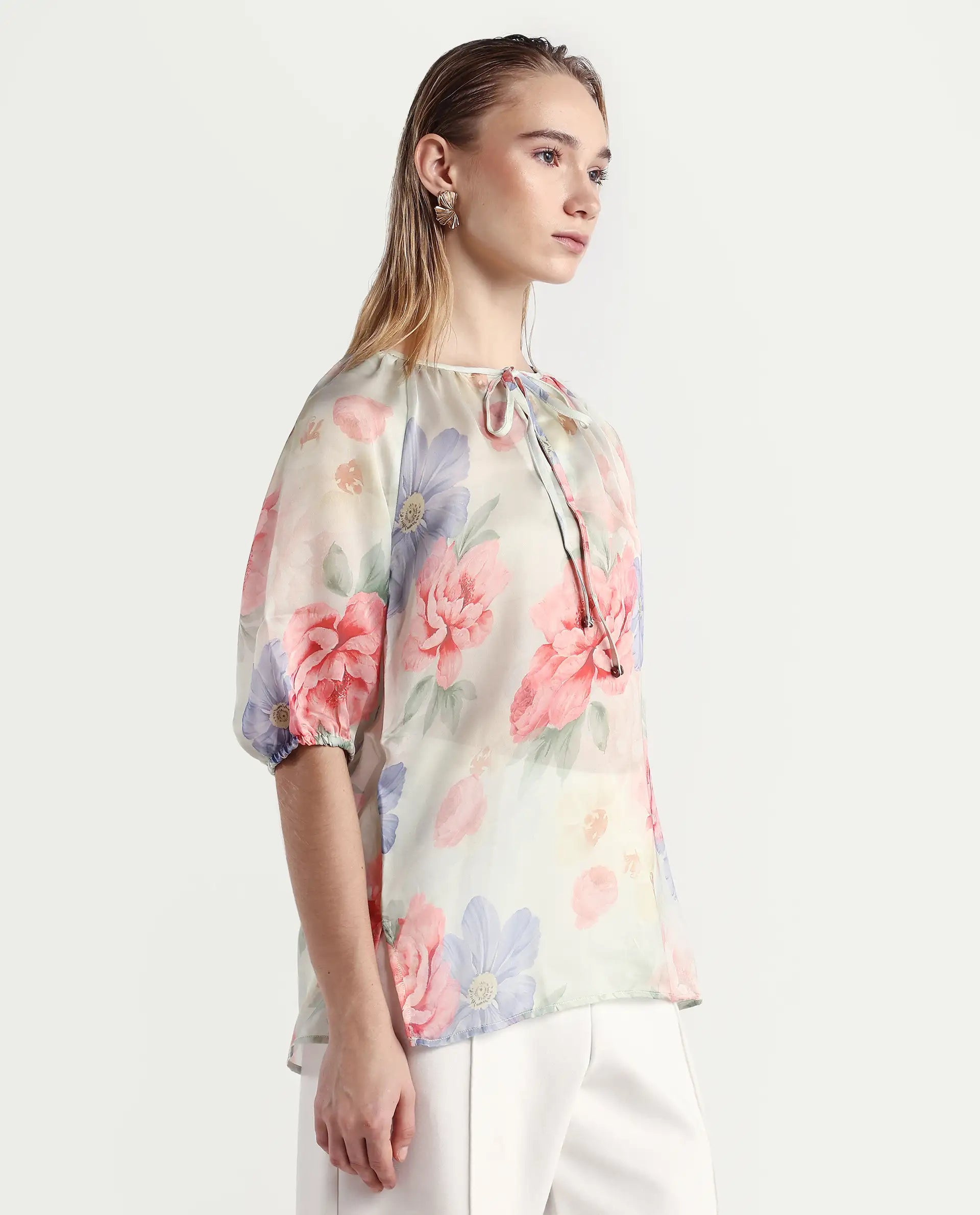 Rareism Women's Tella Light Green Cotton Tie-Up Neck Floral Print Raglan Sleeve Relaxed Fit Top