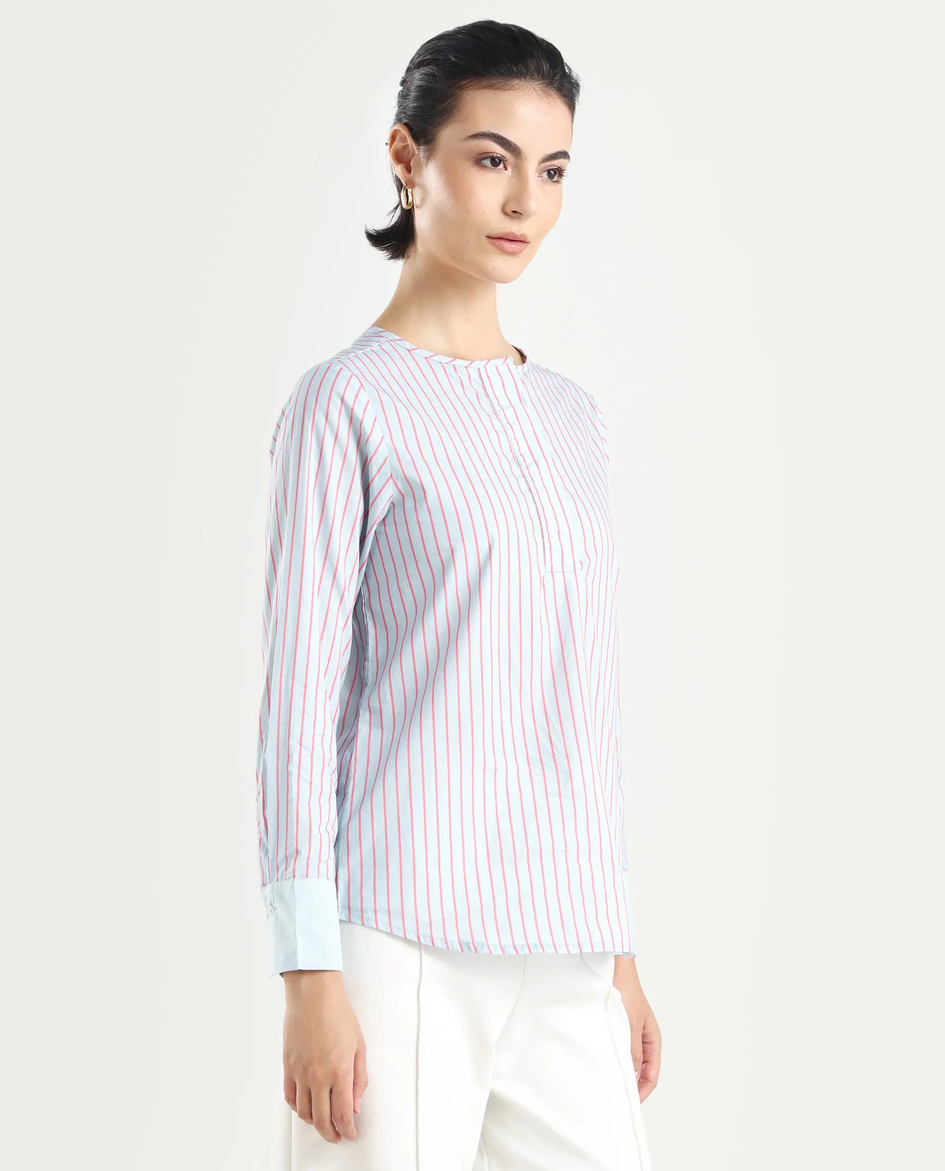 Rareism Women's Telma Blue Cotton Crew Neck Striped Cuffed Sleeve Regular Fit Top
