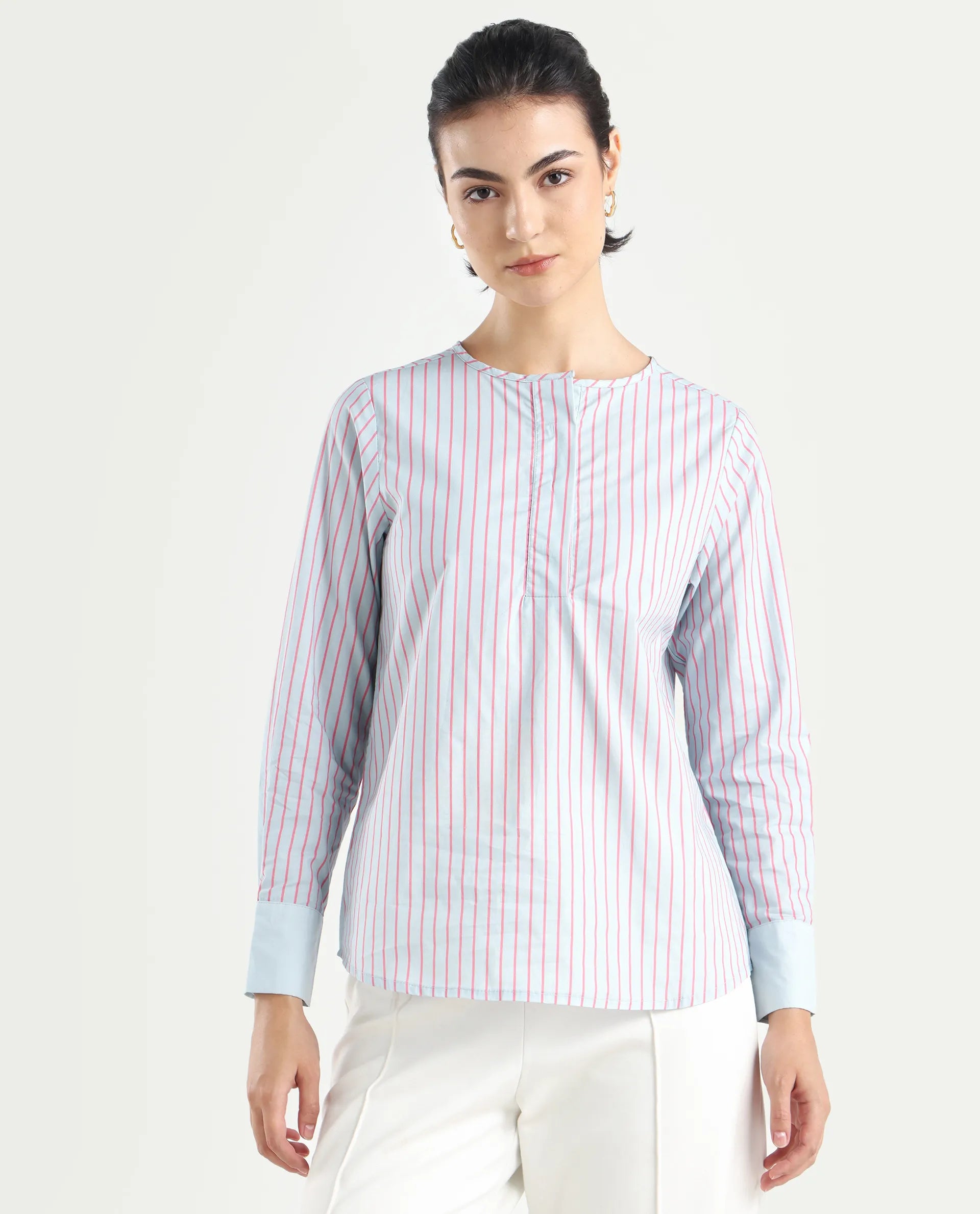 Rareism Women's Telma Blue Cotton Crew Neck Striped Cuffed Sleeve Regular Fit Top