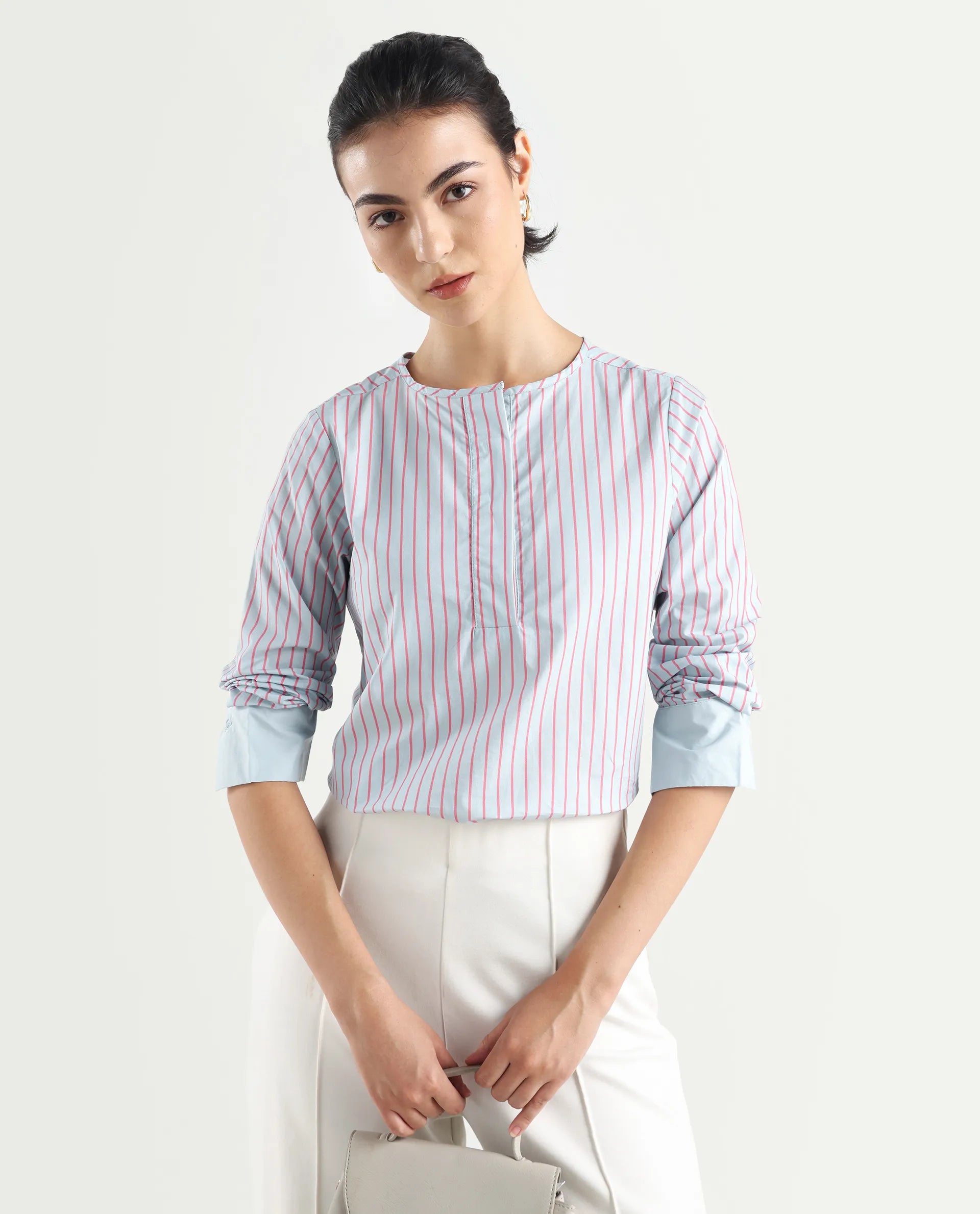 Rareism Women's Telma Blue Cotton Crew Neck Striped Cuffed Sleeve Regular Fit Top