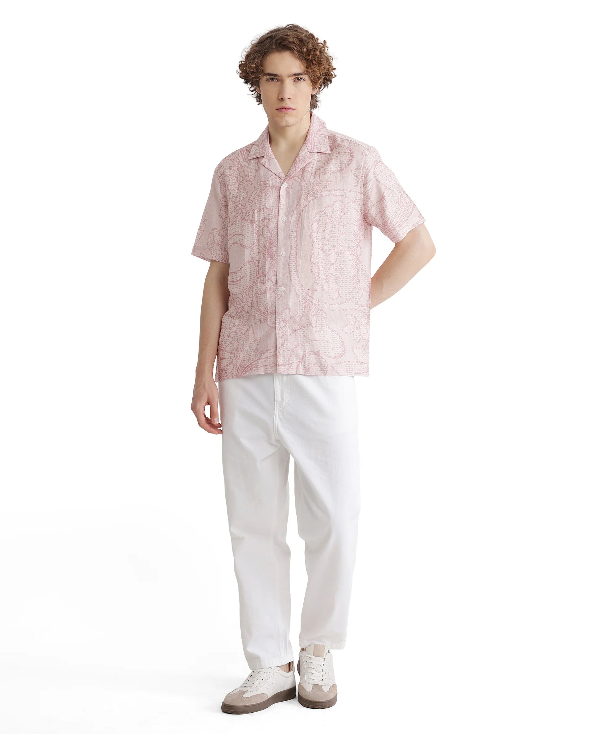 Rare Rabbit Men Telo Pink Cotton Blend Fabric Short Sleeve Cuban Collared Floral Printed Shirt