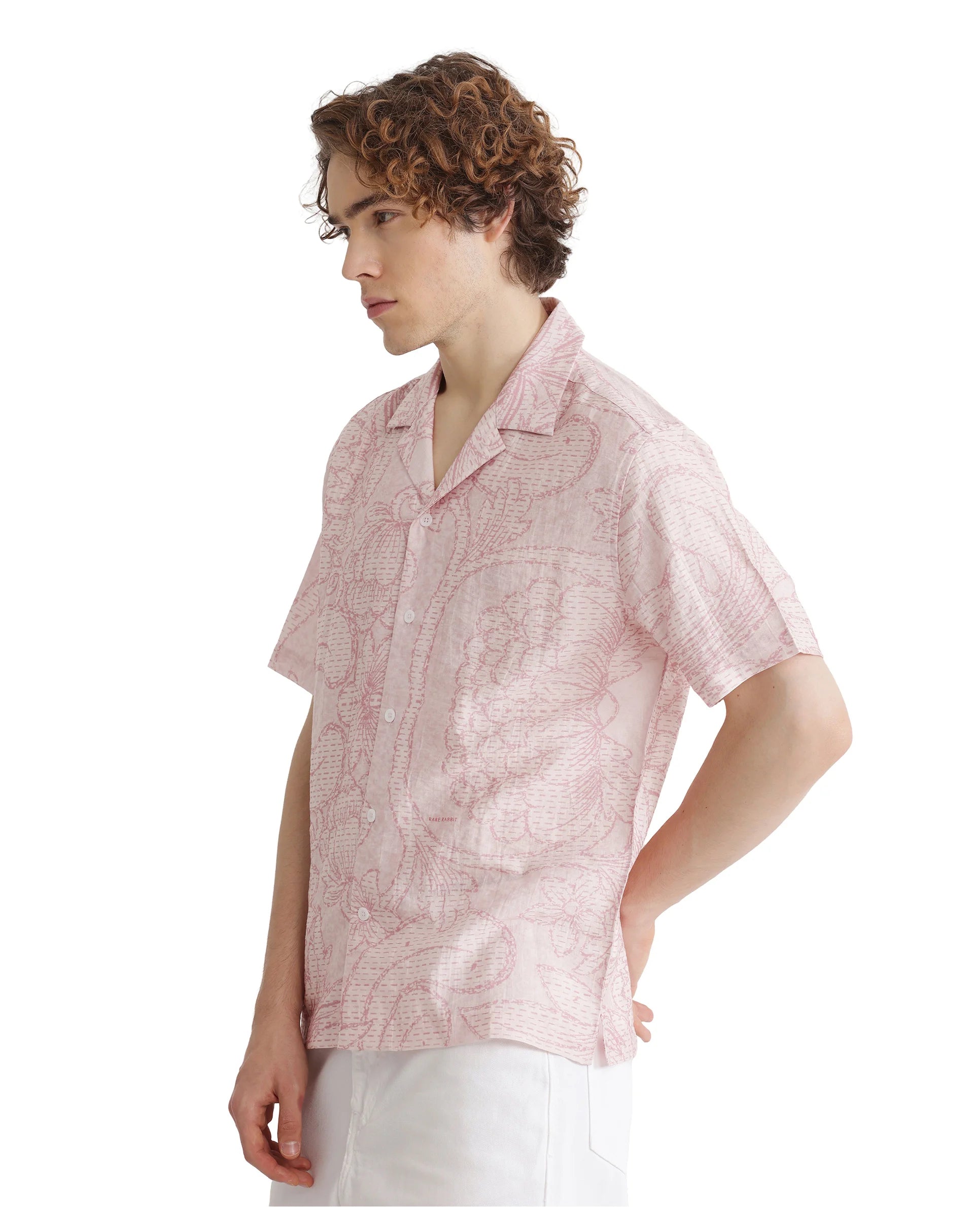 Rare Rabbit Men Telo Pink Cotton Blend Fabric Short Sleeve Cuban Collared Floral Printed Shirt