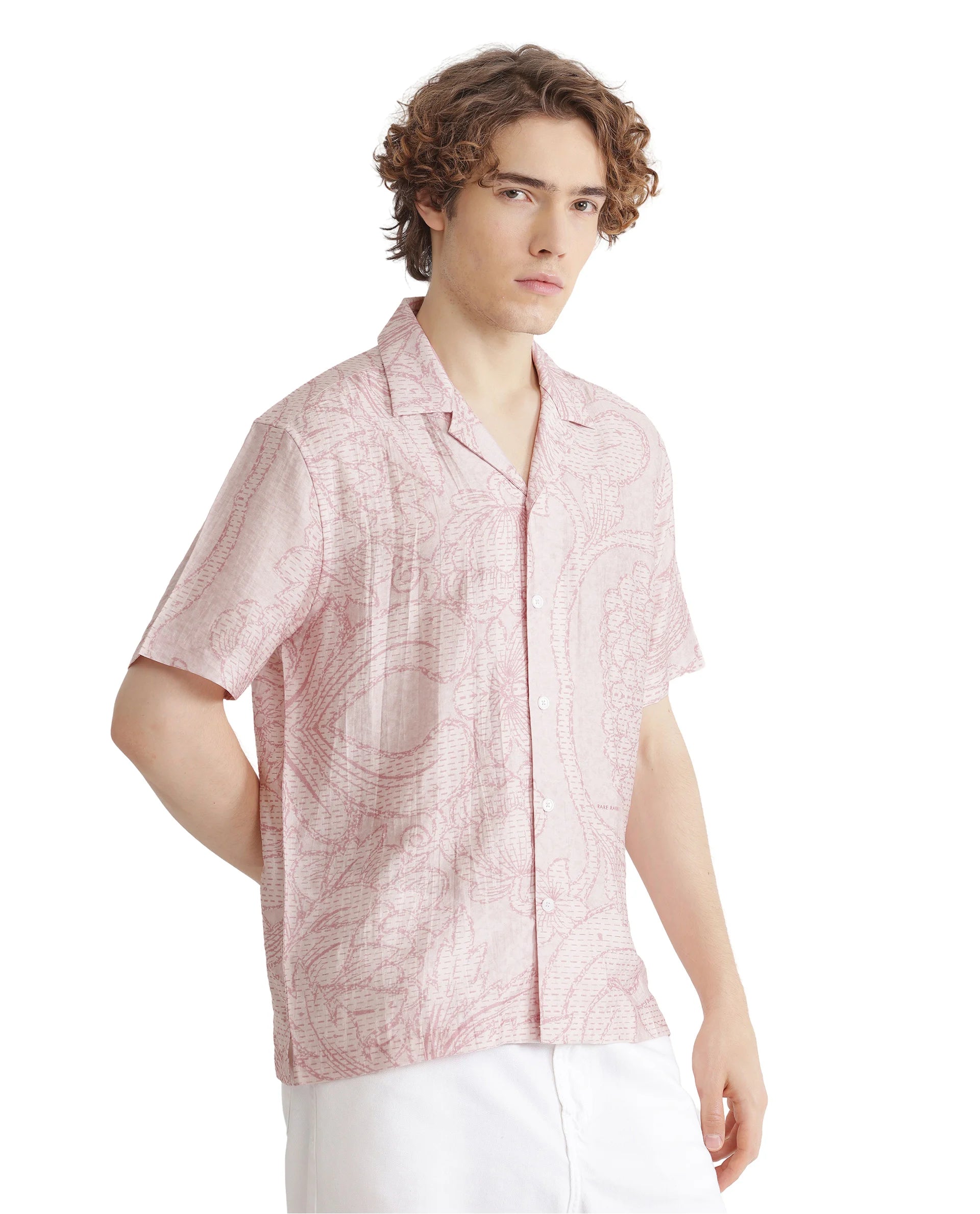 Rare Rabbit Men Telo Pink Cotton Blend Fabric Short Sleeve Cuban Collared Floral Printed Shirt