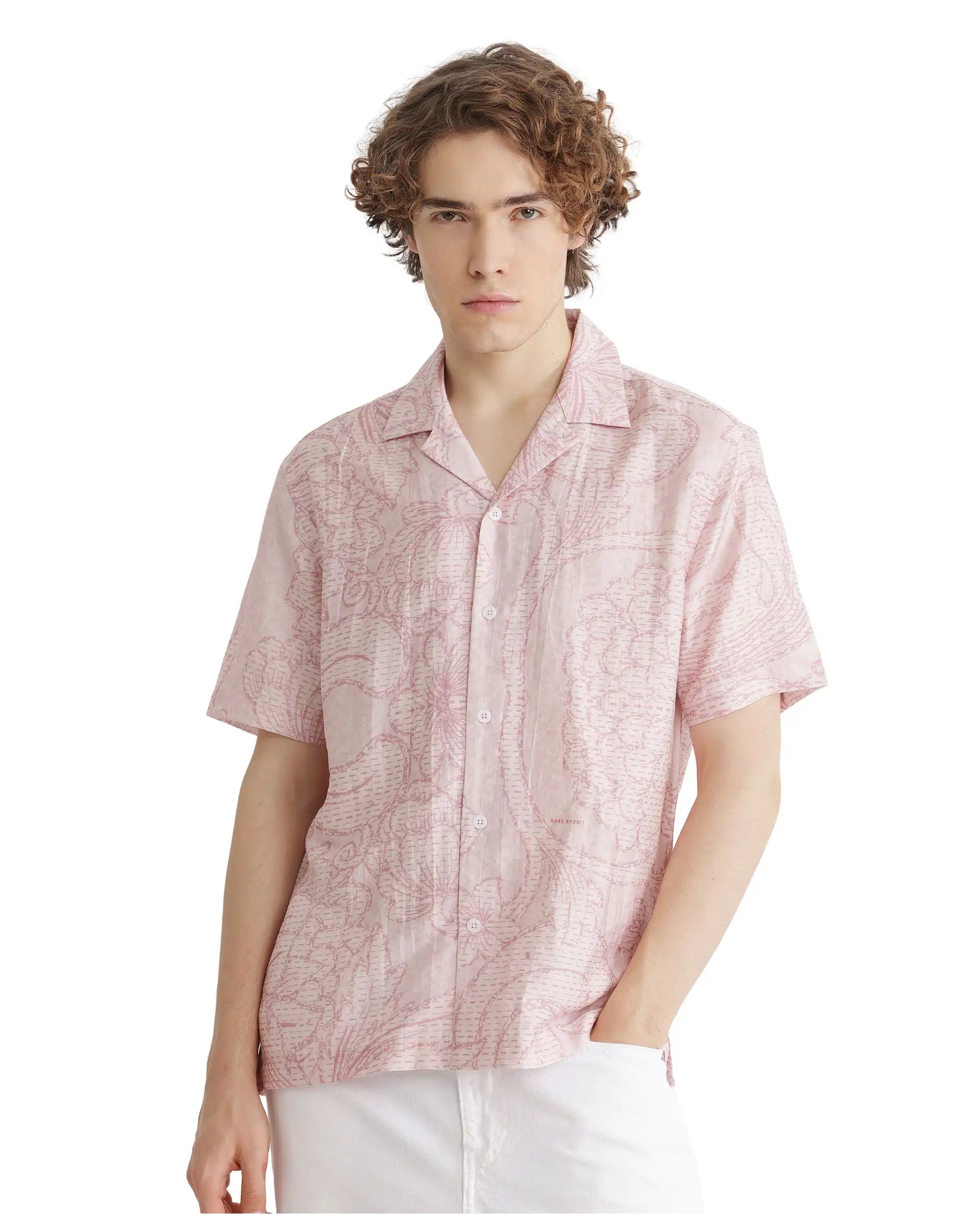 Rare Rabbit Men Telo Pink Cotton Blend Fabric Short Sleeve Cuban Collared Floral Printed Shirt