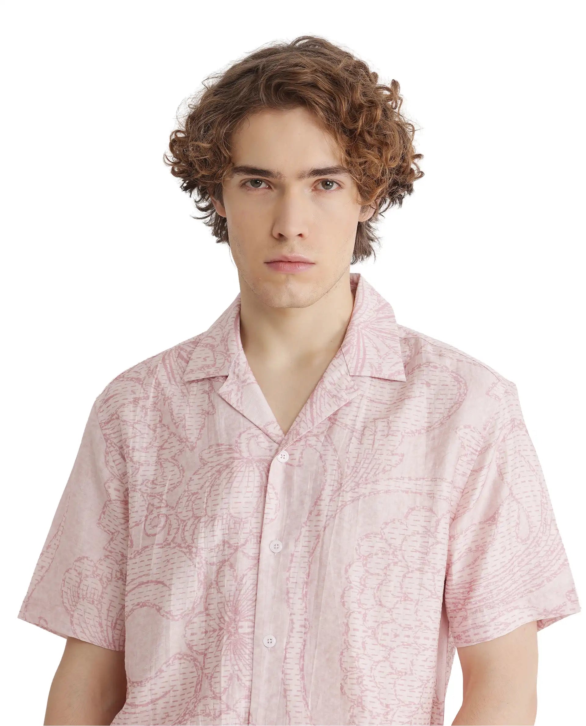 Rare Rabbit Men Telo Pink Cotton Blend Fabric Short Sleeve Cuban Collared Floral Printed Shirt