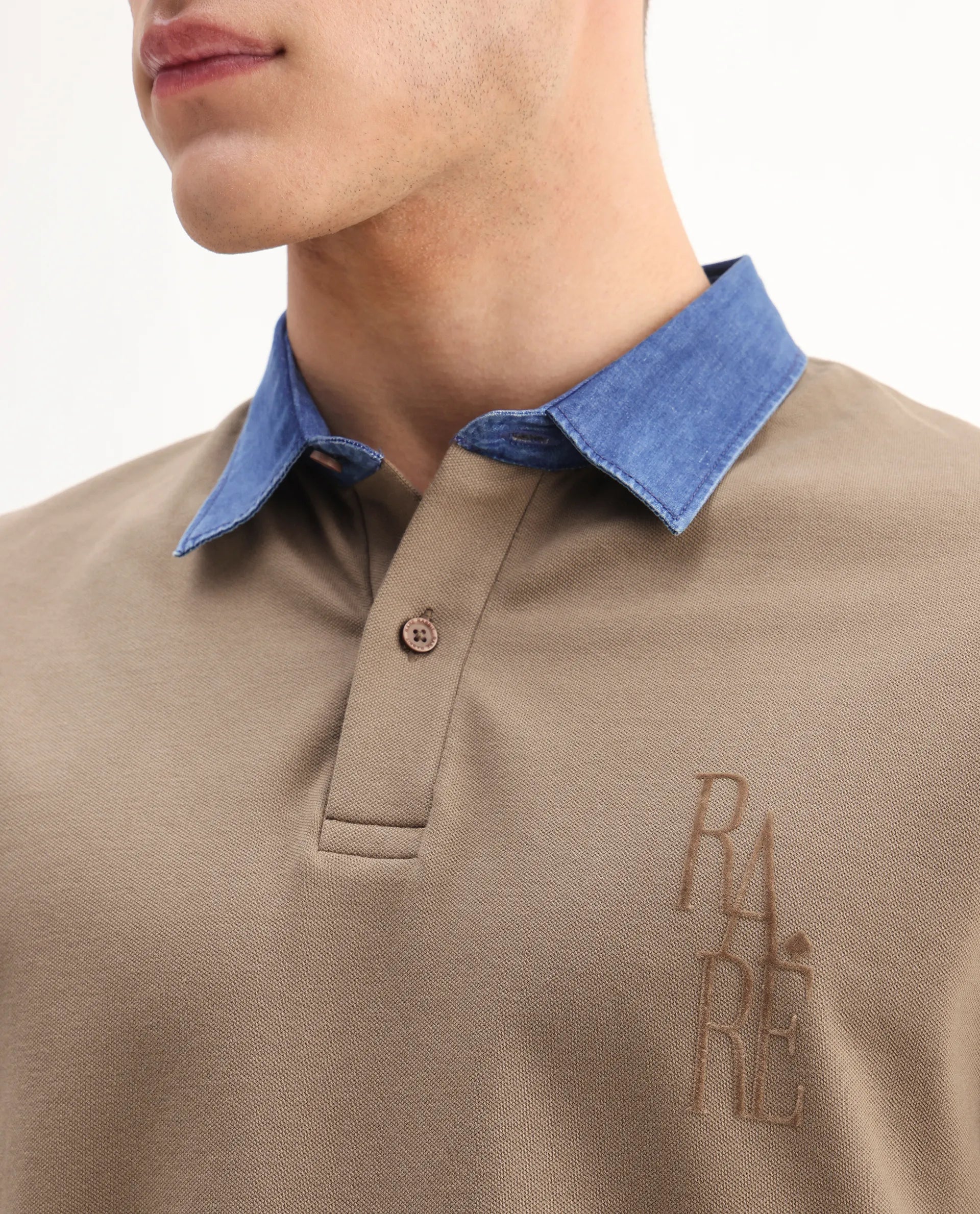 Rare Rabbit Men's Tem Beige Cotton Plain Regular Fit Half Sleeve Polo