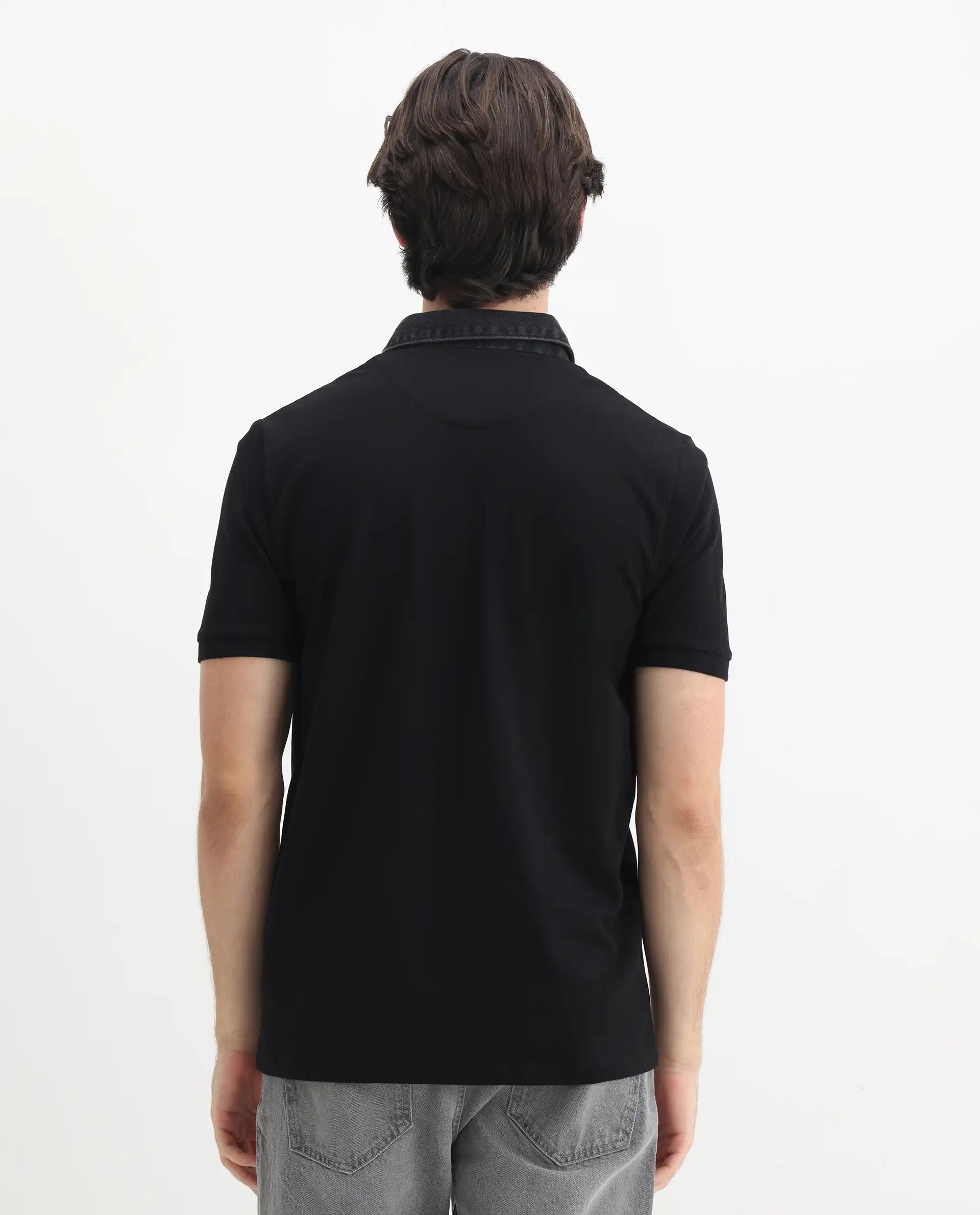 Rare Rabbit Men's Tem Black Cotton Plain Regular Fit Half Sleeve Polo