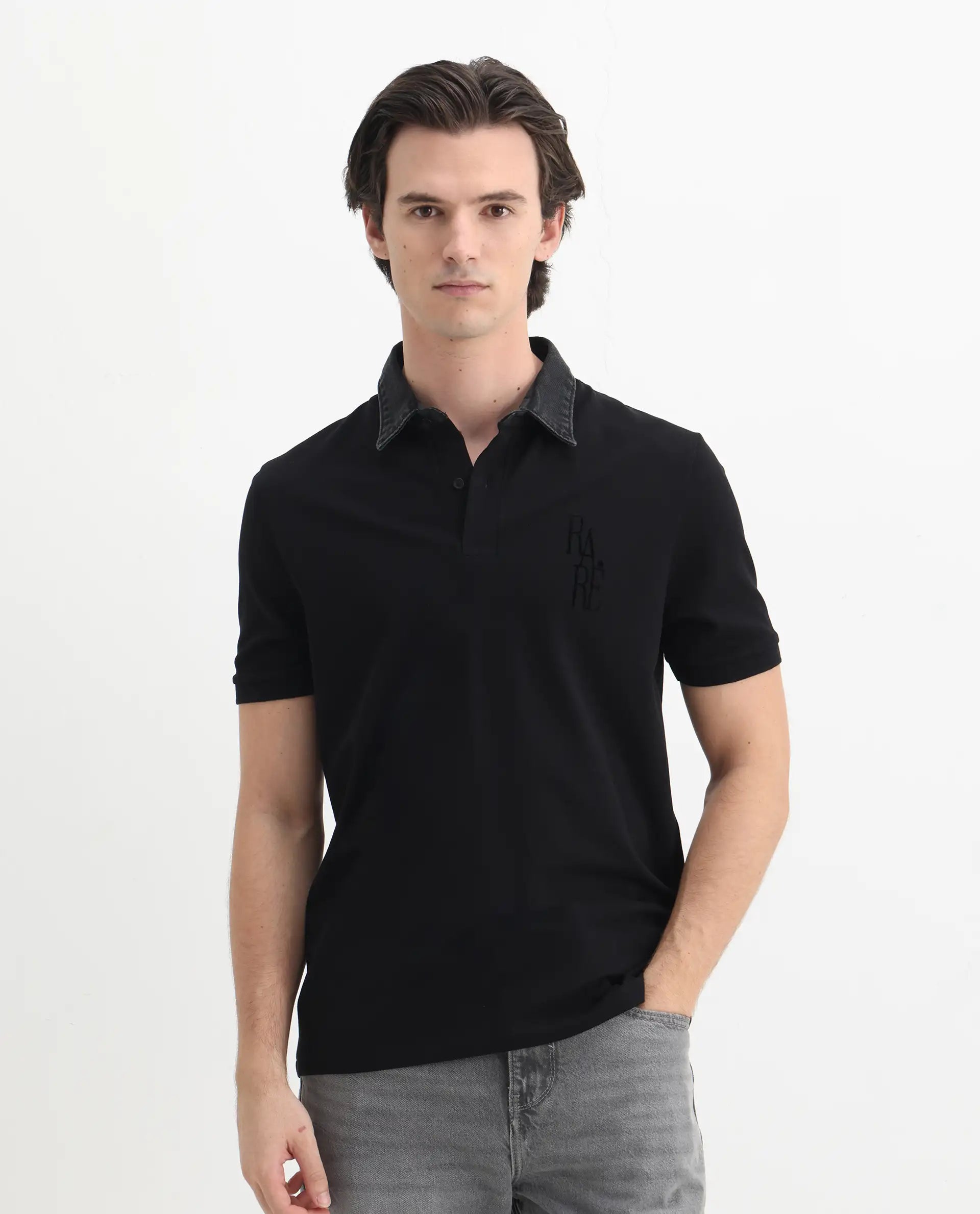 Rare Rabbit Men's Tem Black Cotton Plain Regular Fit Half Sleeve Polo