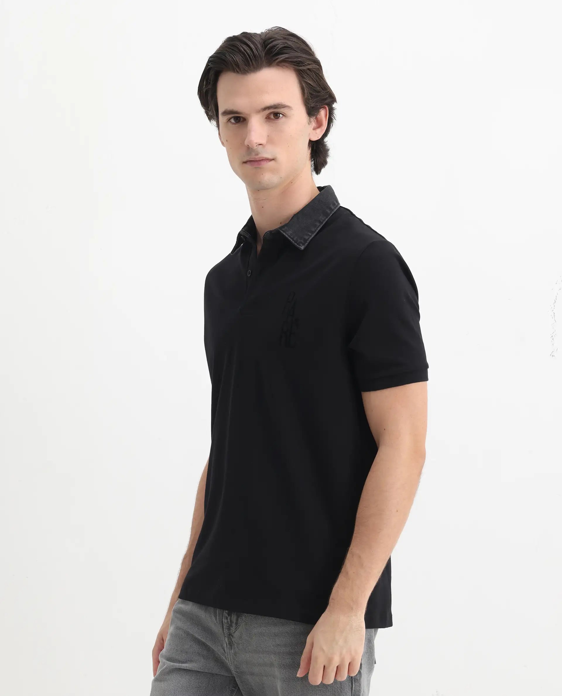 Rare Rabbit Men's Tem Black Cotton Plain Regular Fit Half Sleeve Polo