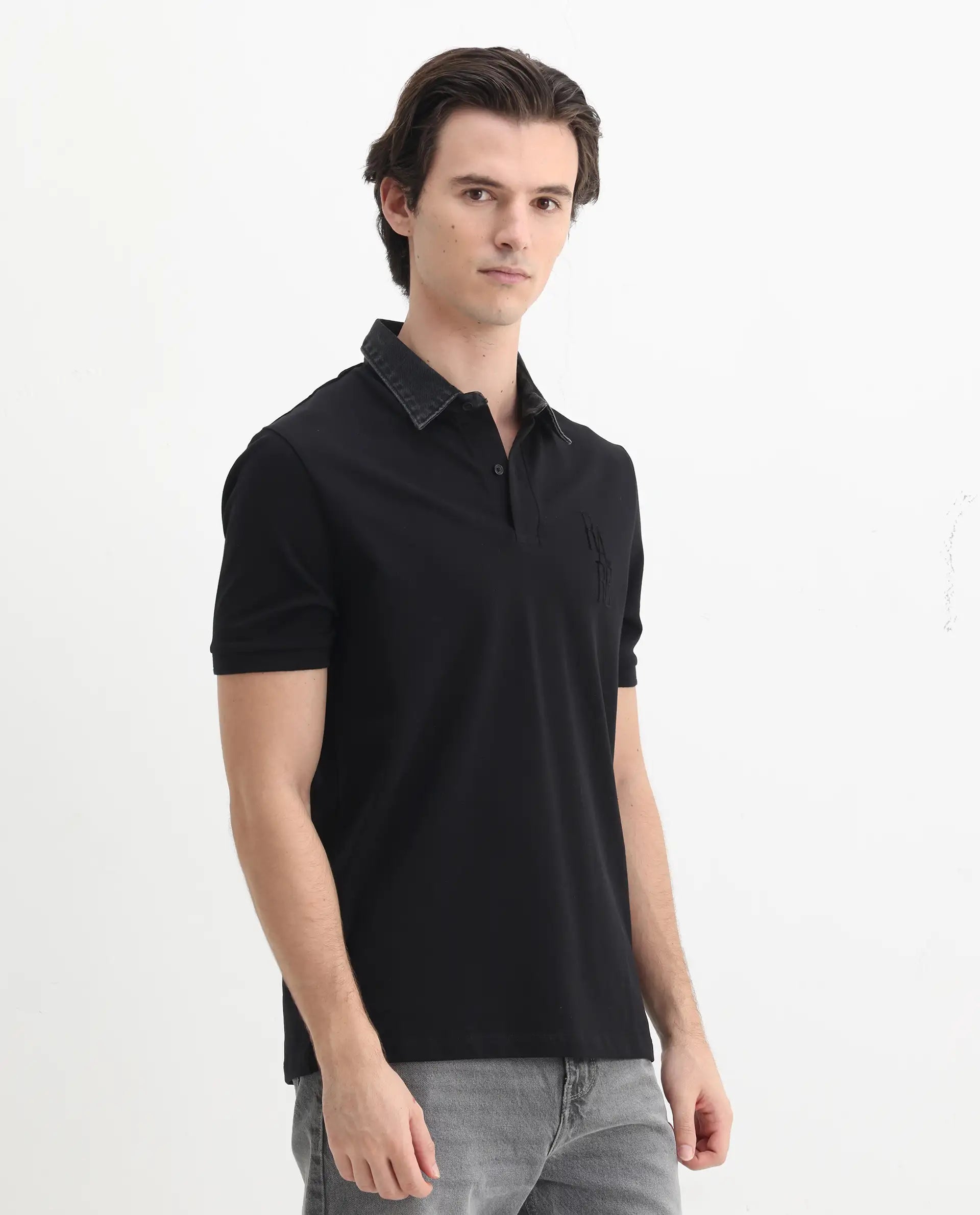 Rare Rabbit Men's Tem Black Cotton Plain Regular Fit Half Sleeve Polo