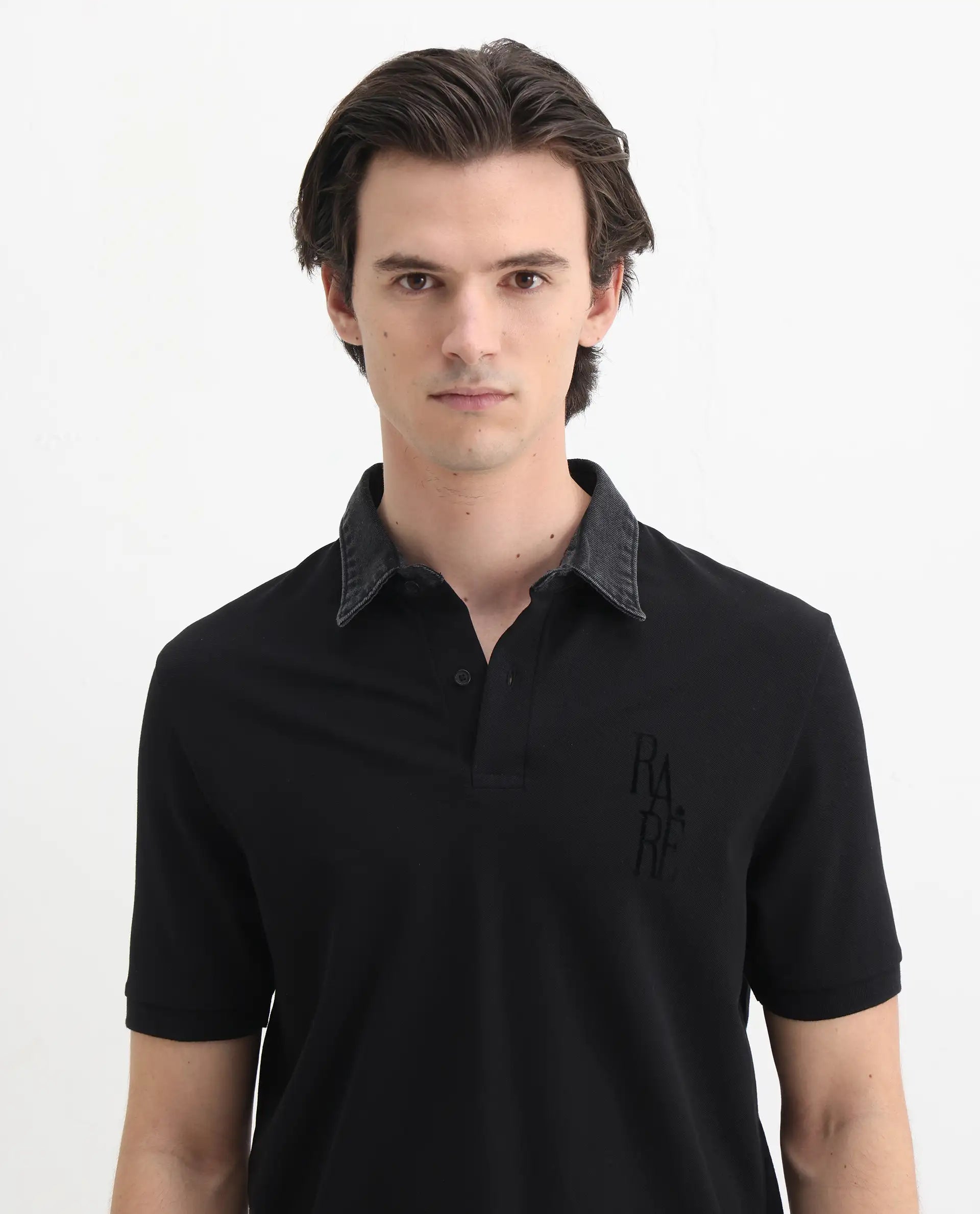Rare Rabbit Men's Tem Black Cotton Plain Regular Fit Half Sleeve Polo