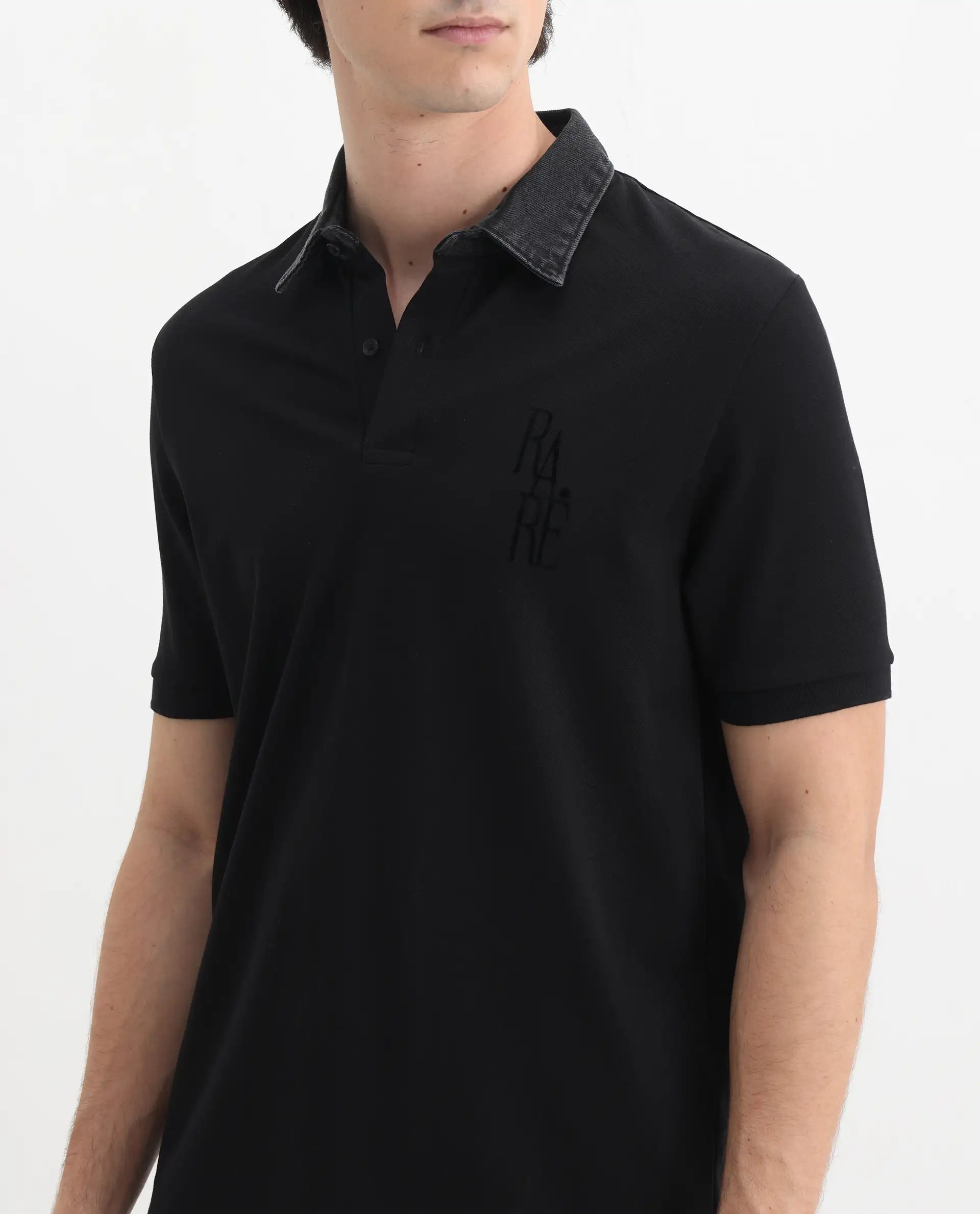 Rare Rabbit Men's Tem Black Cotton Plain Regular Fit Half Sleeve Polo