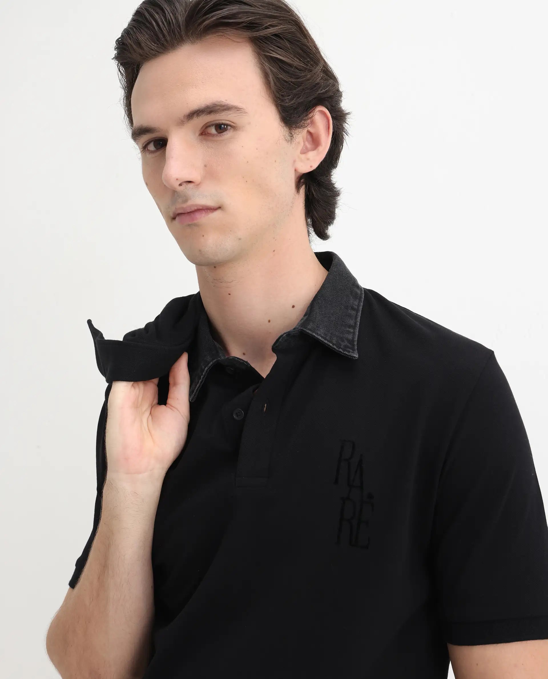 Rare Rabbit Men's Tem Black Cotton Plain Regular Fit Half Sleeve Polo