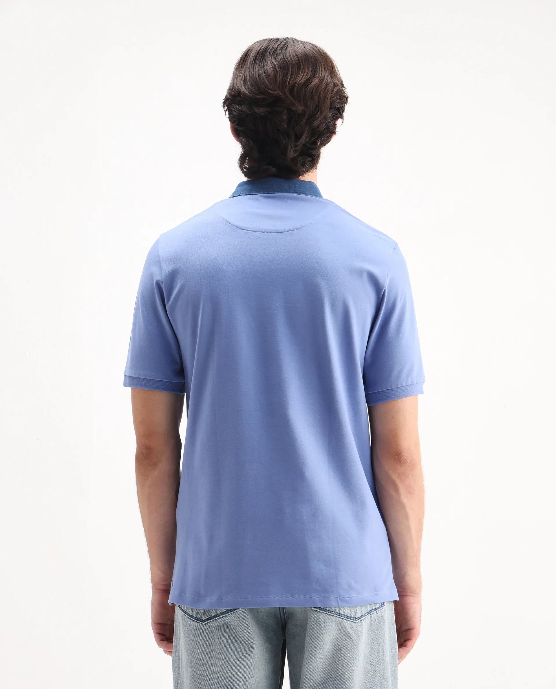 Rare Rabbit Men's Tem Blue Cotton Plain Regular Fit Half Sleeve Polo