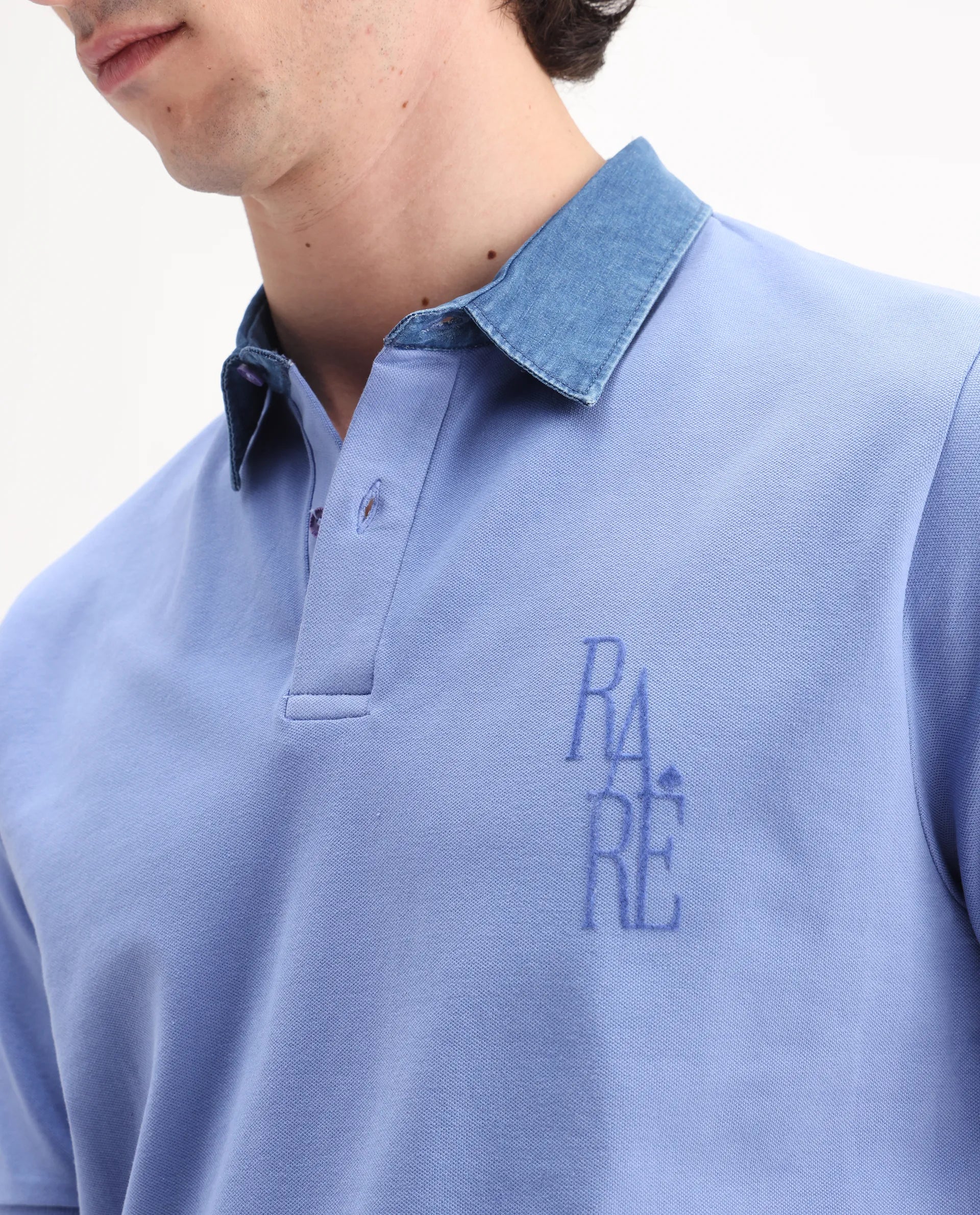 Rare Rabbit Men's Tem Blue Cotton Plain Regular Fit Half Sleeve Polo