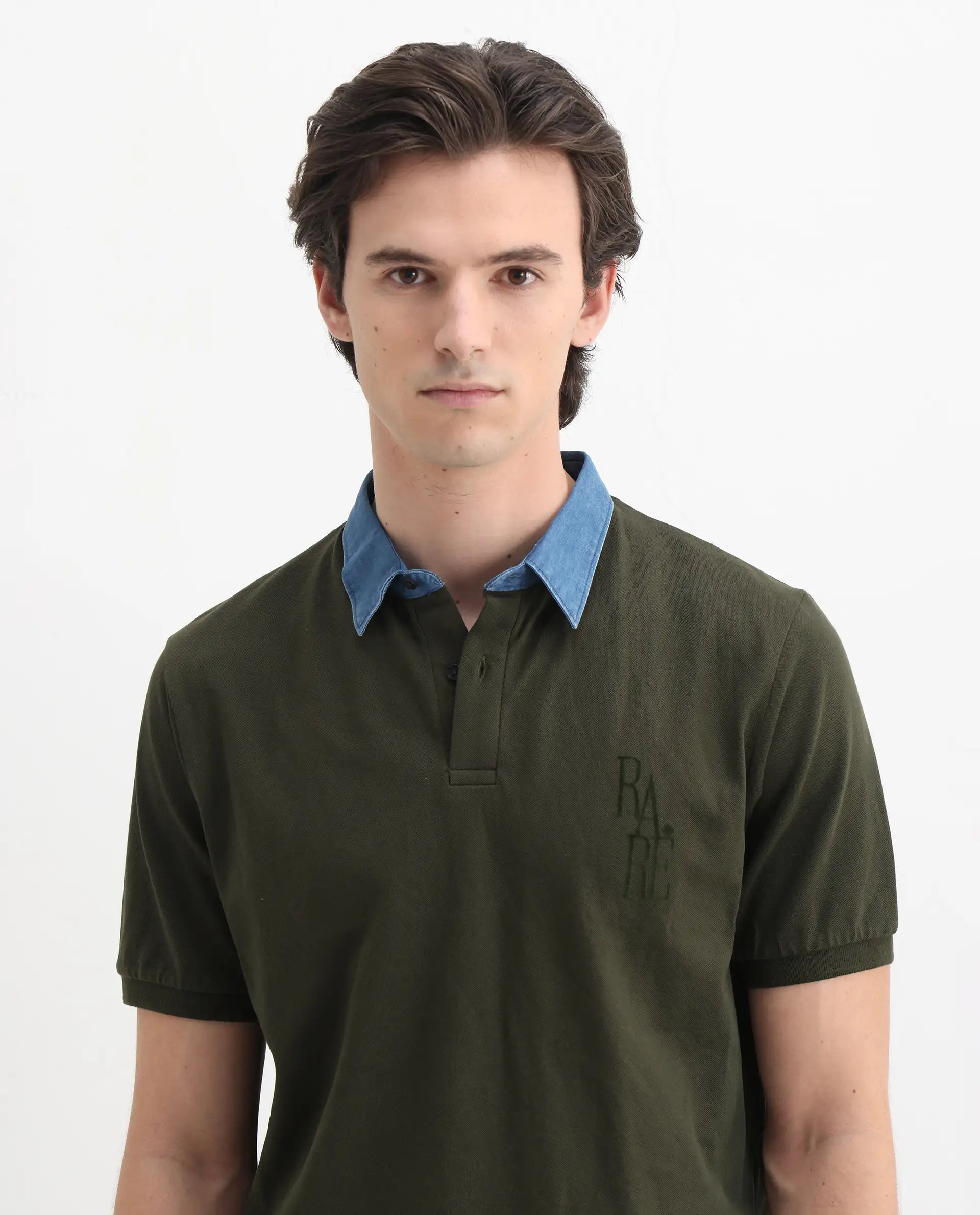 Rare Rabbit Men's Tem Dark Olive Cotton Plain Regular Fit Half Sleeve Polo