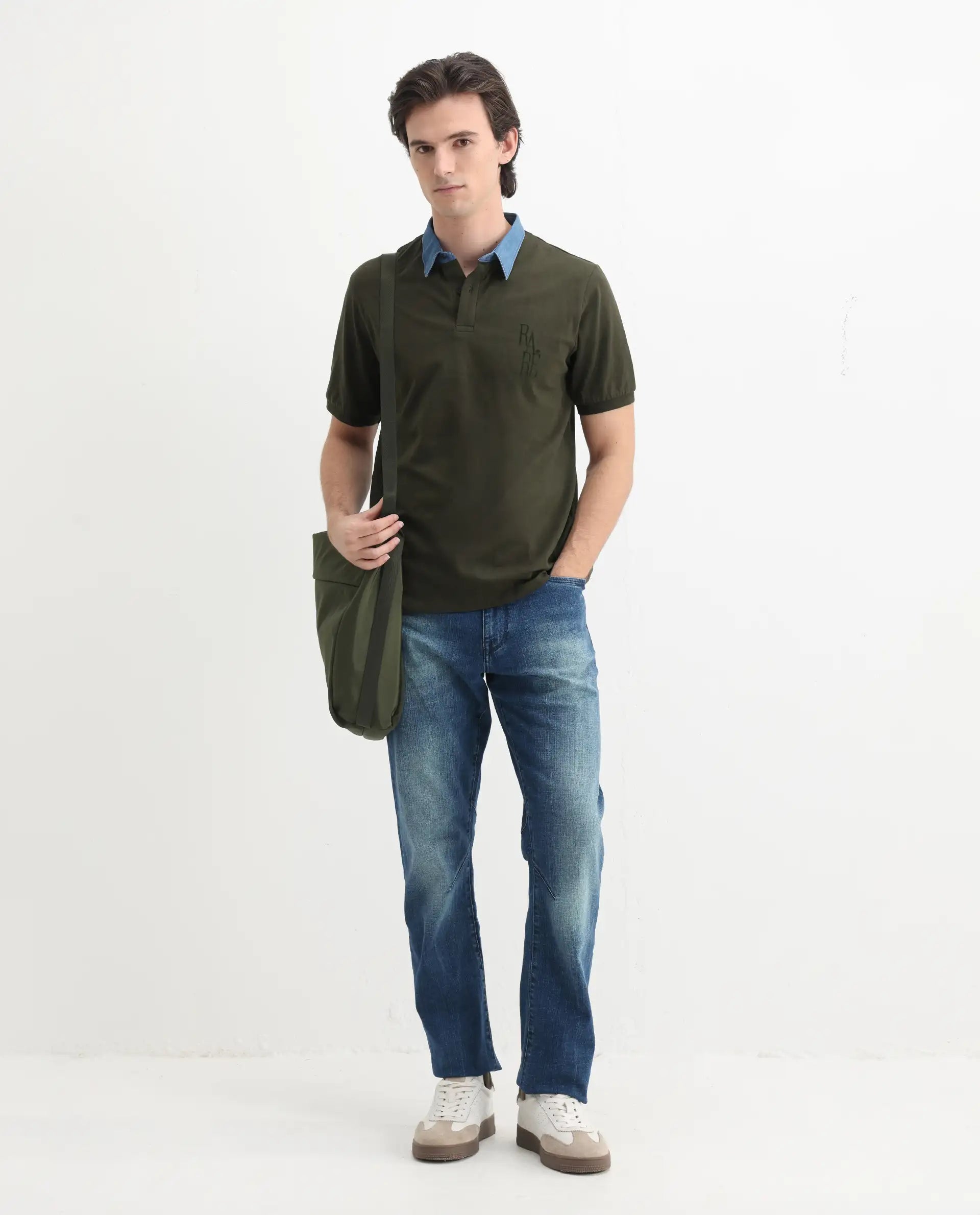 Rare Rabbit Men's Tem Dark Olive Cotton Plain Regular Fit Half Sleeve Polo