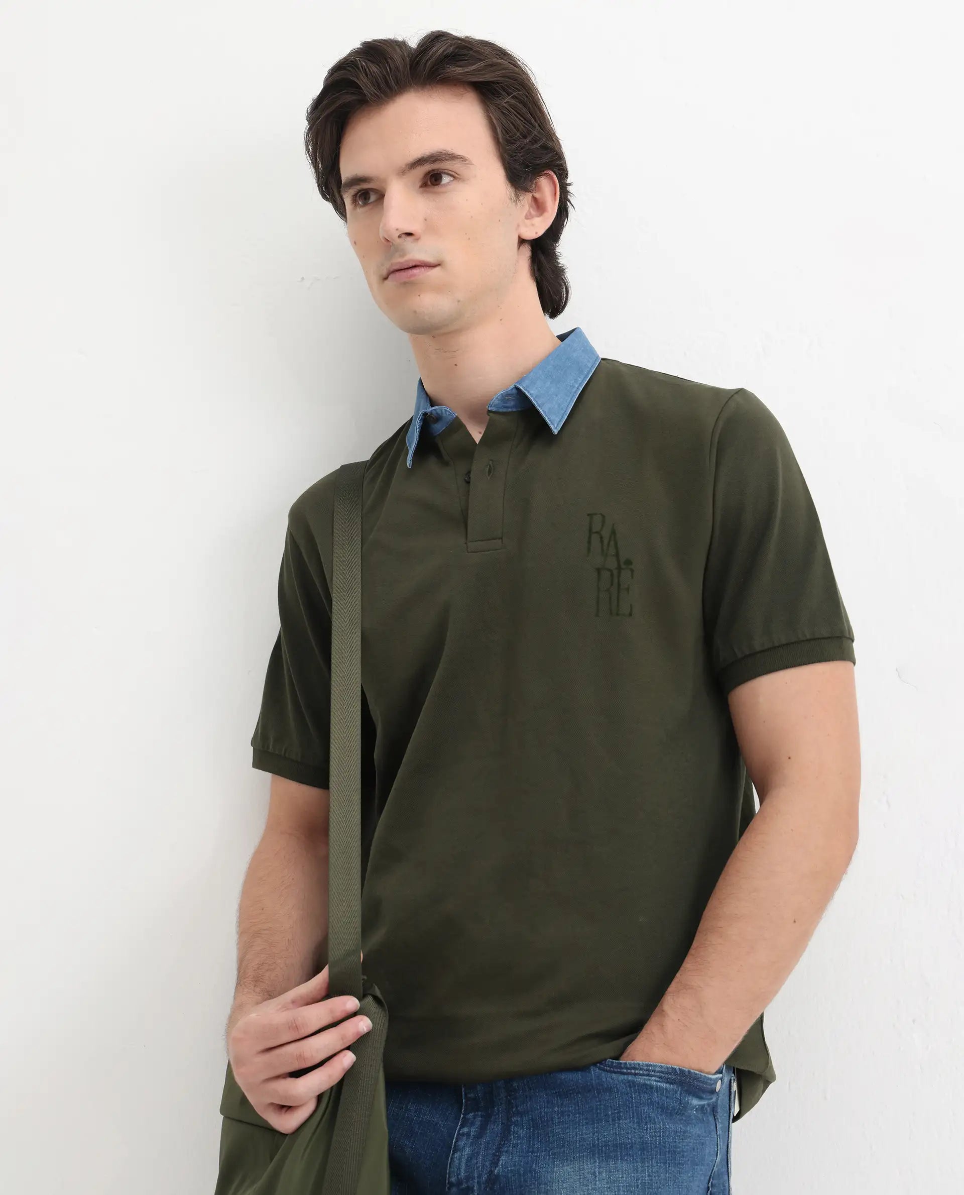 Rare Rabbit Men's Tem Dark Olive Cotton Plain Regular Fit Half Sleeve Polo