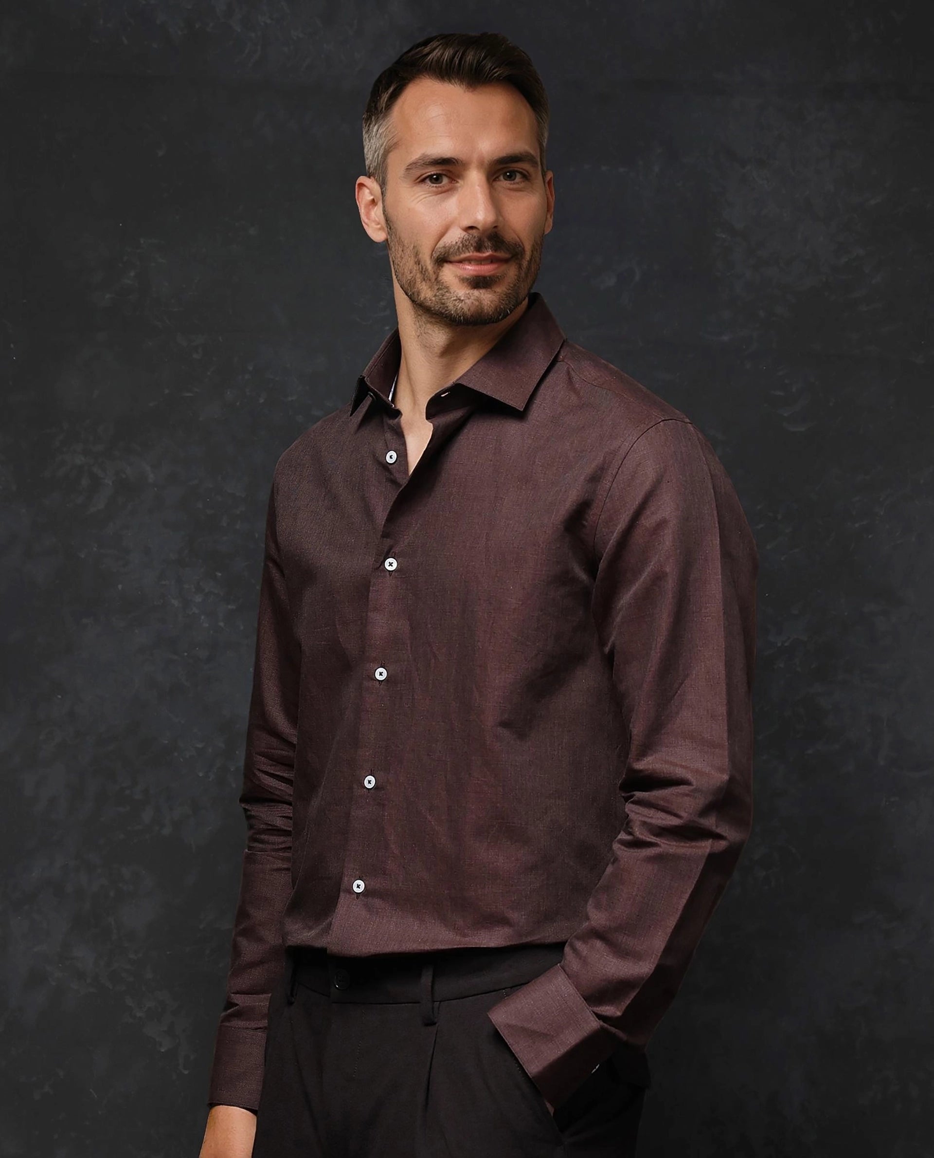 Rare Rabbit Men Tempa Dark Brown Cotton Full Sleeve Regular Fit Textured Shirt