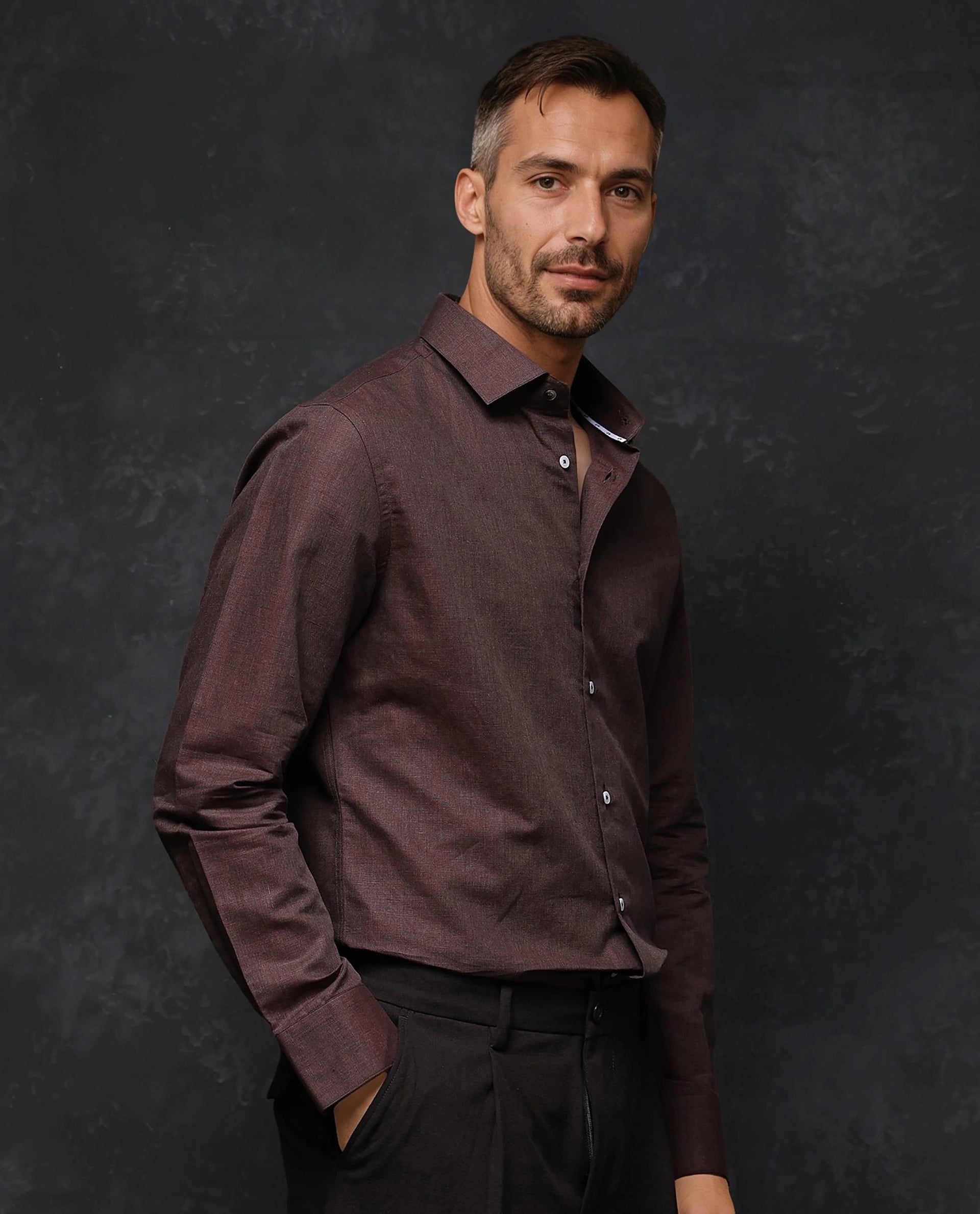 Rare Rabbit Men Tempa Dark Brown Cotton Full Sleeve Regular Fit Textured Shirt