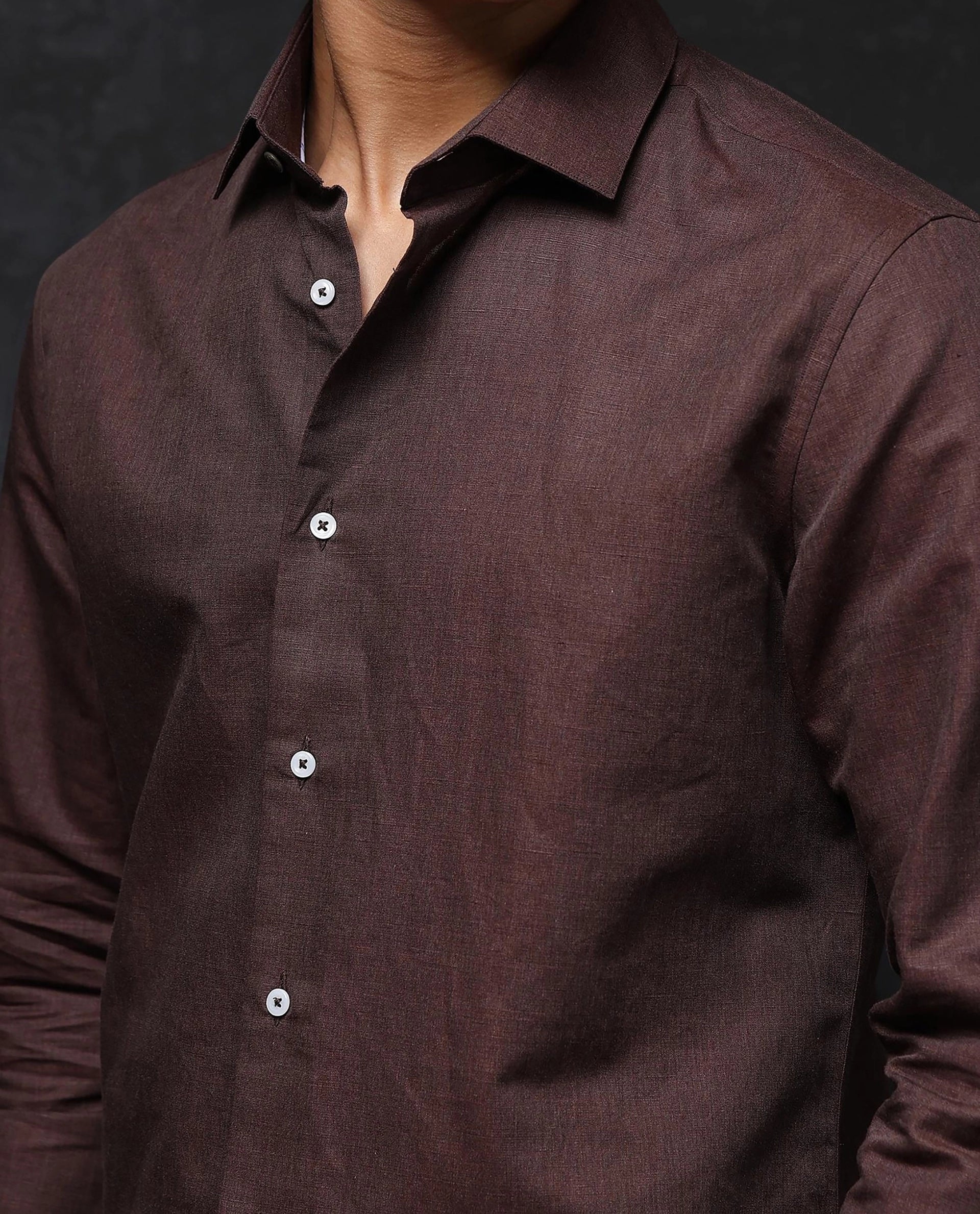 Rare Rabbit Men Tempa Dark Brown Cotton Full Sleeve Regular Fit Textured Shirt