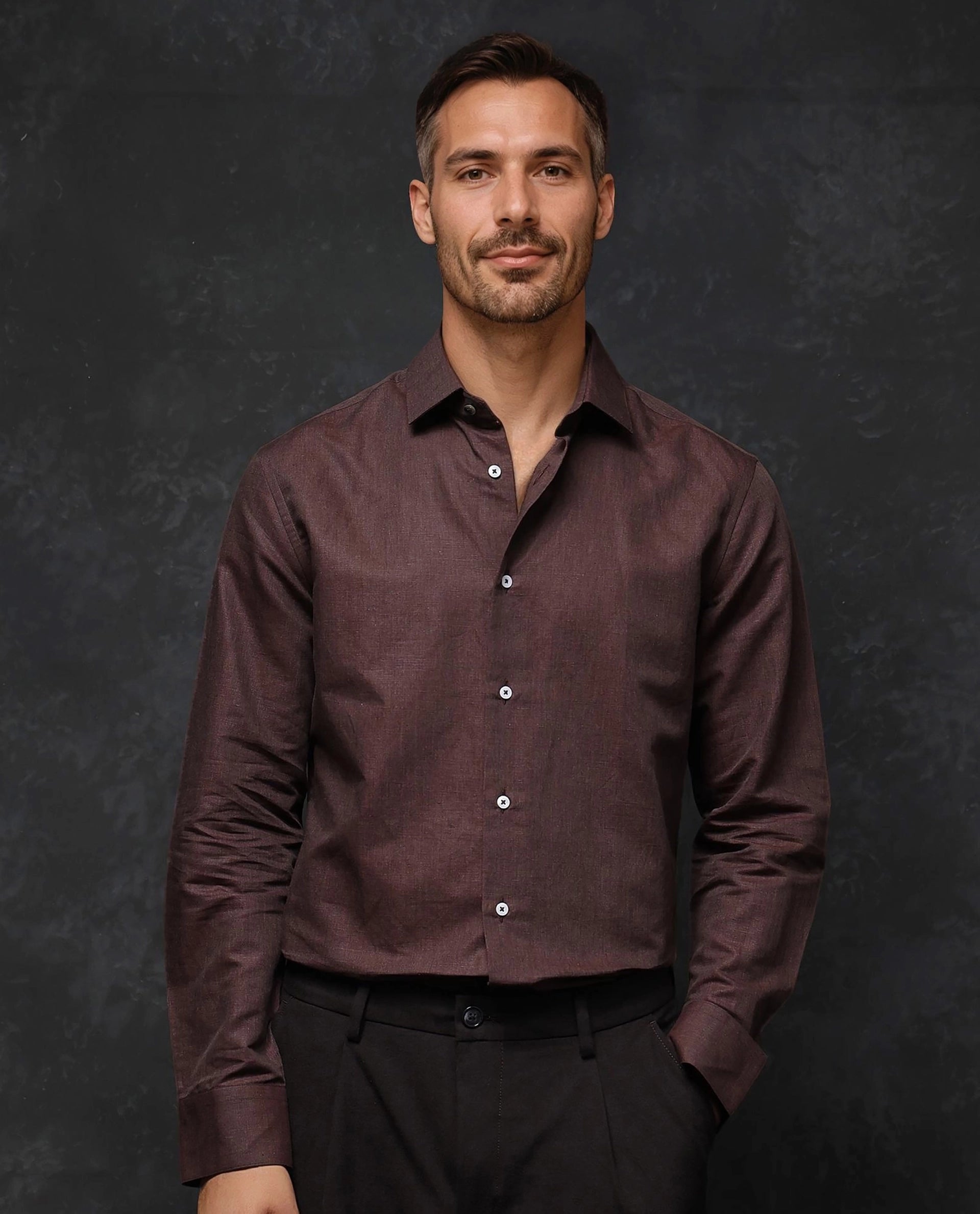 Rare Rabbit Men Tempa Dark Brown Cotton Full Sleeve Regular Fit Textured Shirt