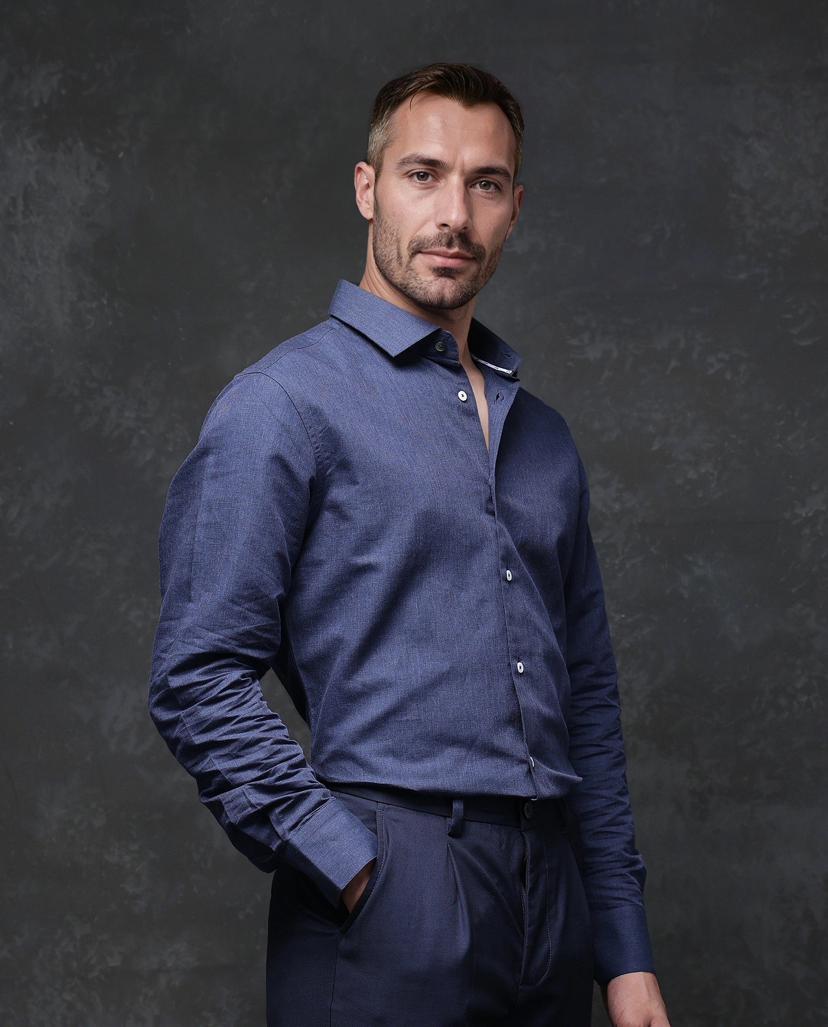 Rare Rabbit Men Tempa Navy Cotton Full Sleeve Regular Fit Textured Shirt