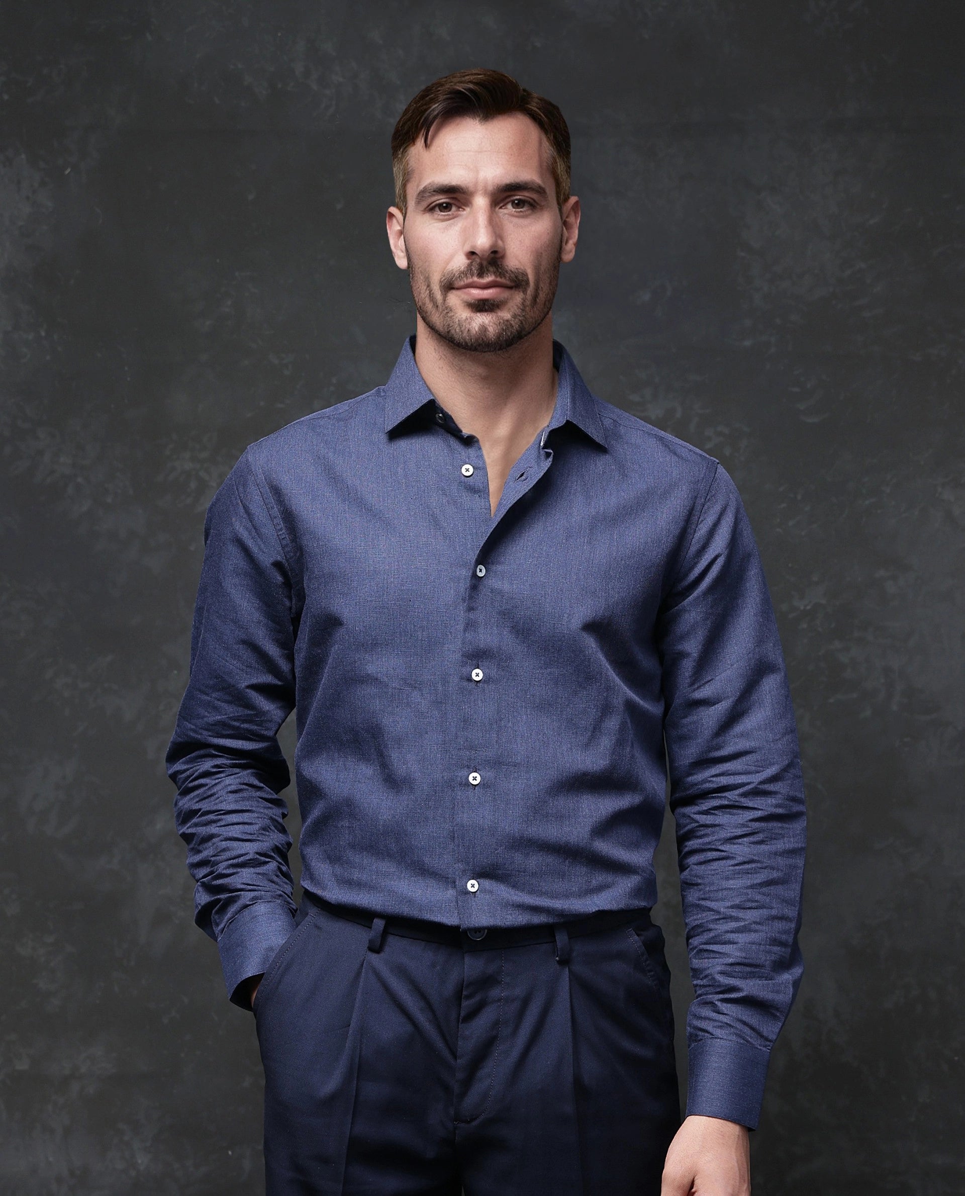 Rare Rabbit Men Tempa Navy Cotton Full Sleeve Regular Fit Textured Shirt