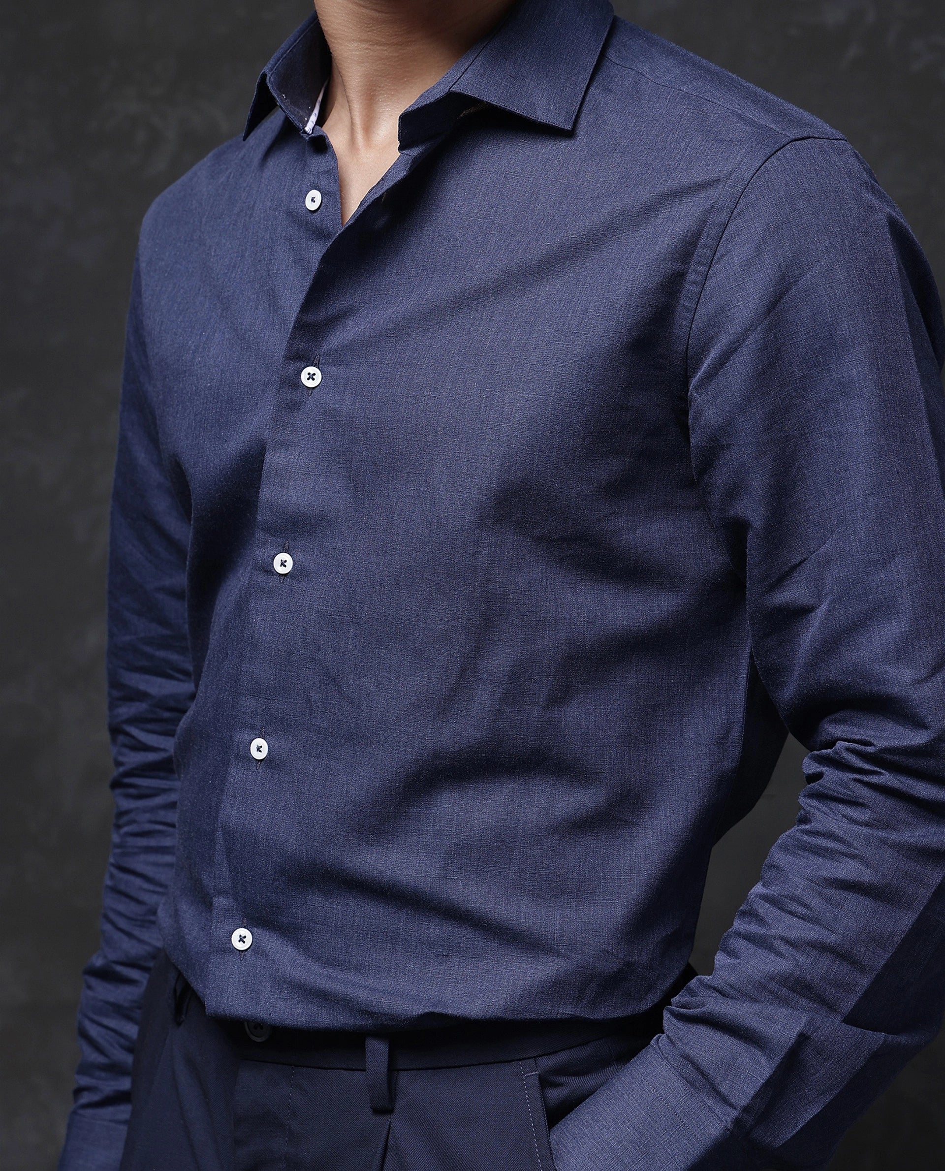 Rare Rabbit Men Tempa Navy Cotton Full Sleeve Regular Fit Textured Shirt