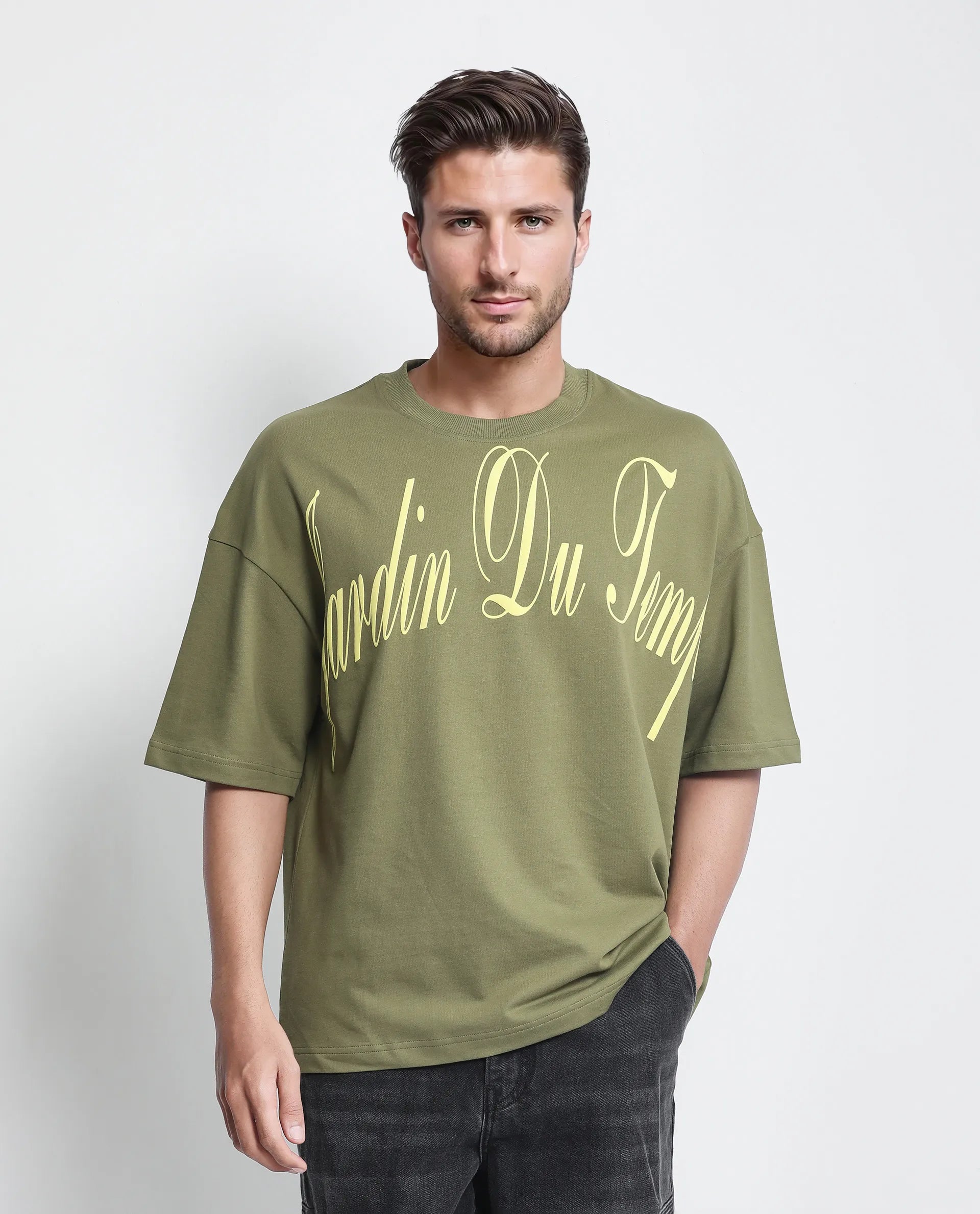 Rare Rabbit Men Tempe Light Olive Cotton Fabric Short Sleeve Slip-On Oversized Fit Printed T-Shirt