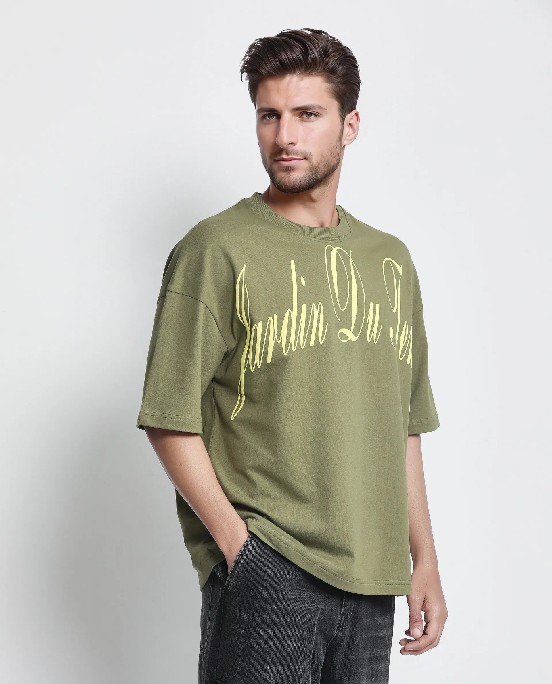Rare Rabbit Men Tempe Light Olive Cotton Fabric Short Sleeve Slip-On Oversized Fit Printed T-Shirt